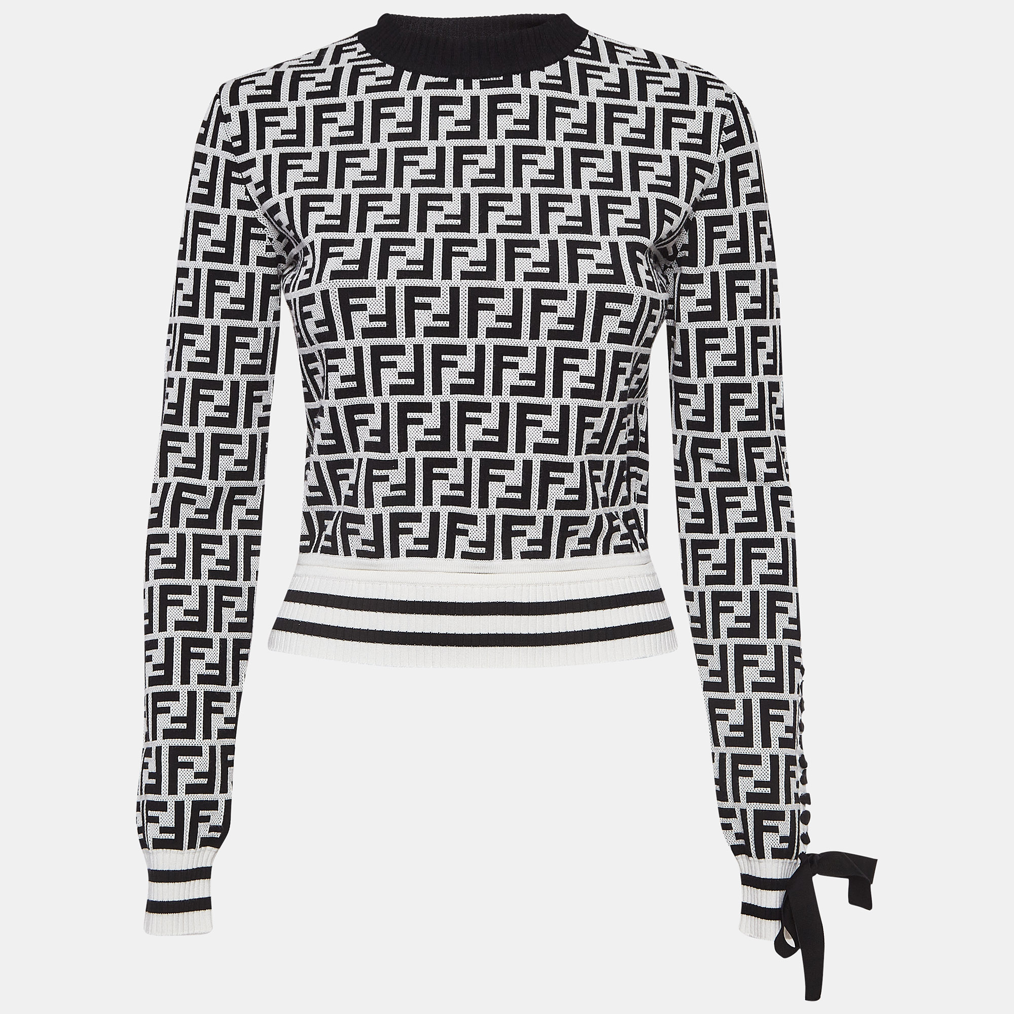 Pre-owned Fendi Monochrome Zucca Jacquard Knit Cut-out Sweatshirt S In Black