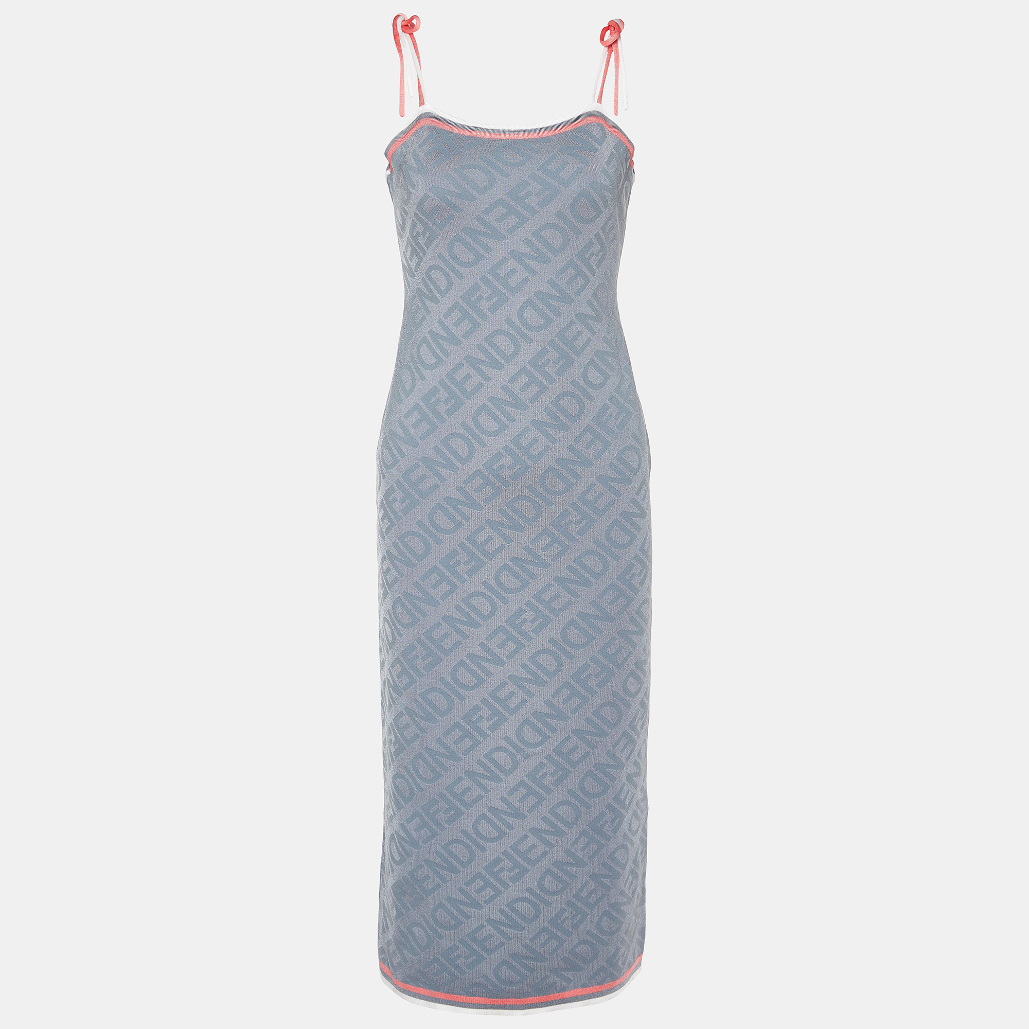 Pre-owned Fendi Grey Monogram Knit Sleeveless Midi Dress M