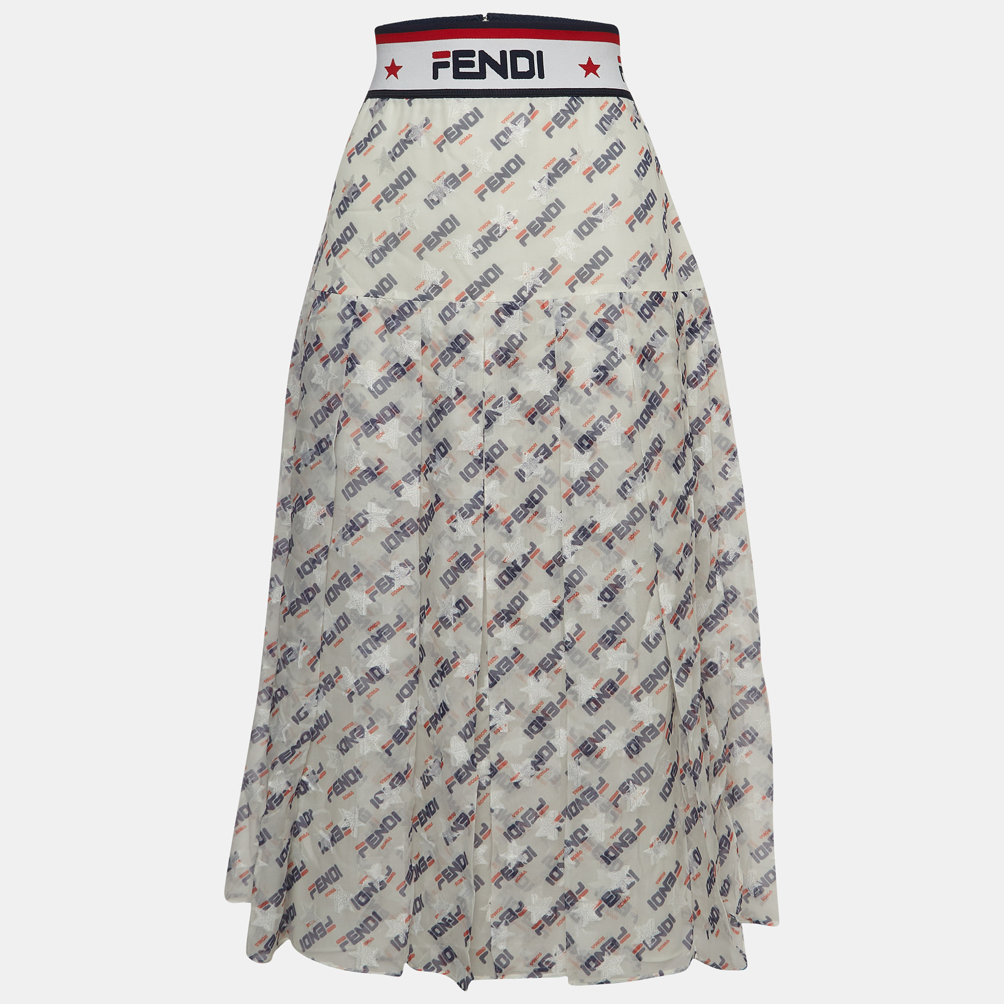 Pre-owned Fendi Mania Print Silk Pleated Midi Skirt M In White