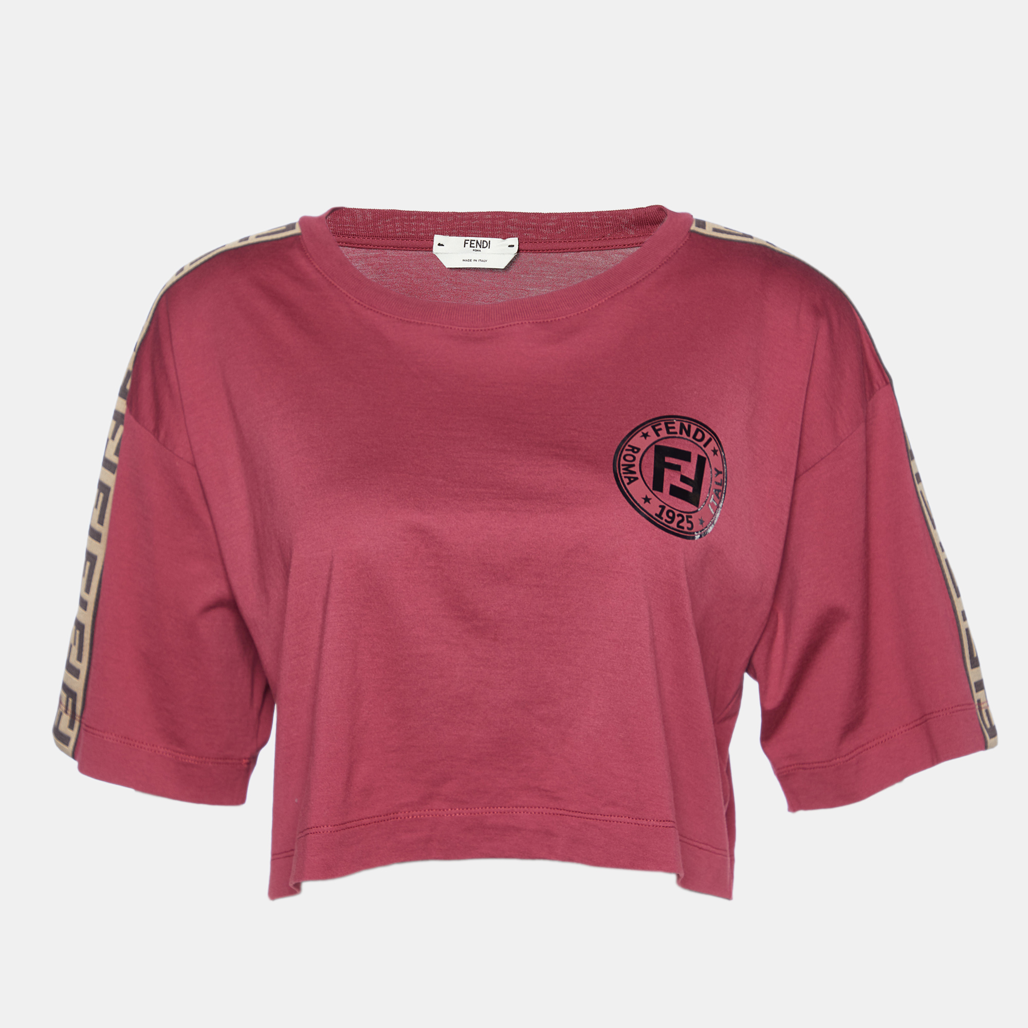 Pre-owned Fendi Maroon Logo Print Cotton Crew Neck Cropped T-shirt S In Burgundy
