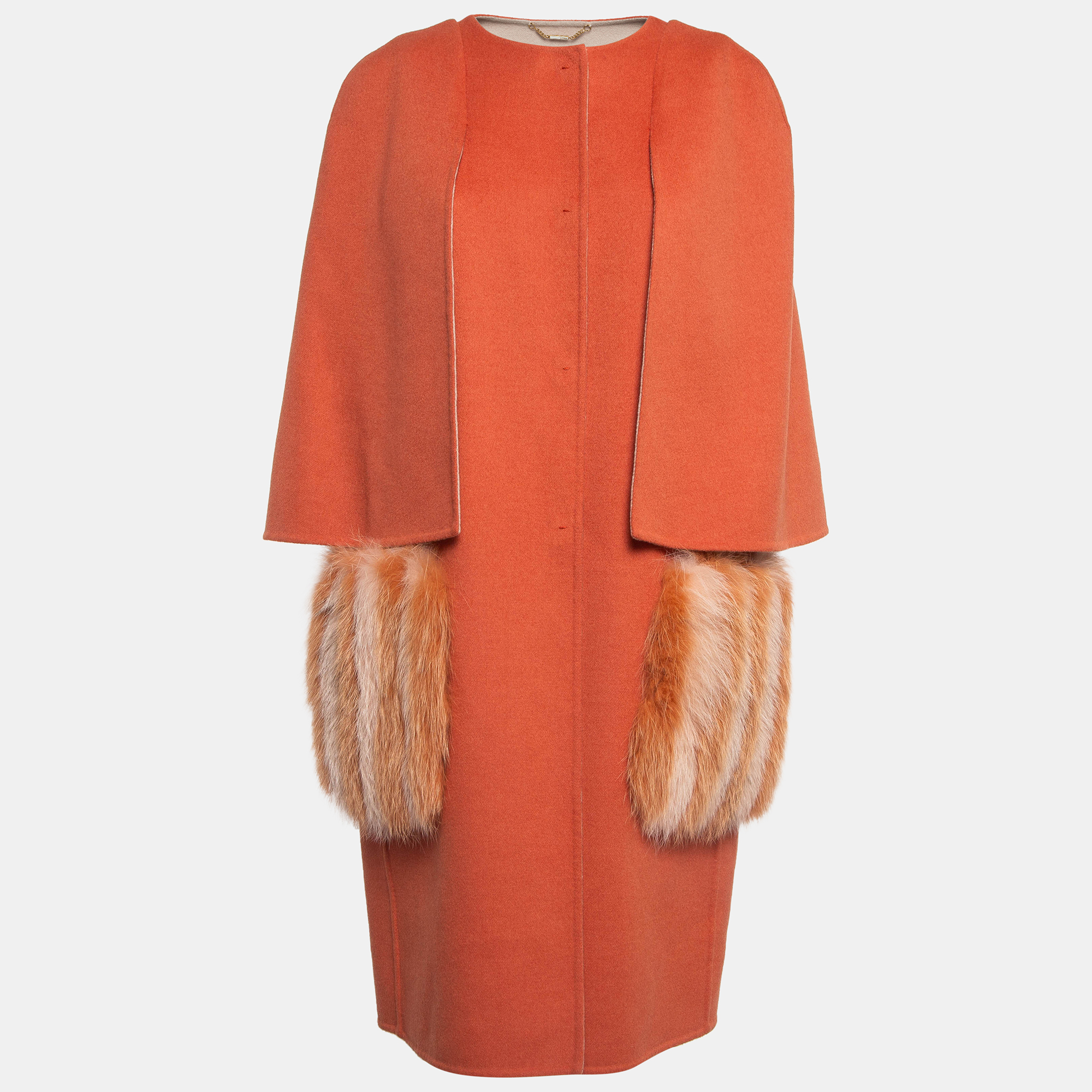 

Fendi Orange Fox Fur and Felt Wool Cape Coat M