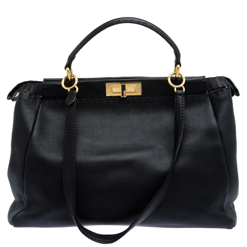 Pre Owned Fendi Black Leather Large Peekaboo Top Handle Bag