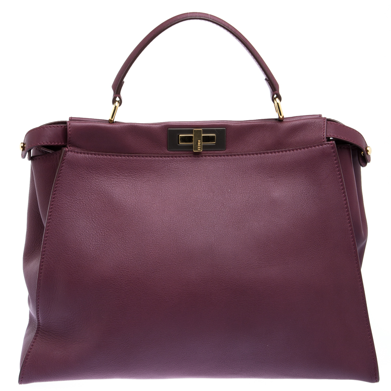 Pre Owned Fendi Burgundy Leather Large Peekaboo Top Handle Bag