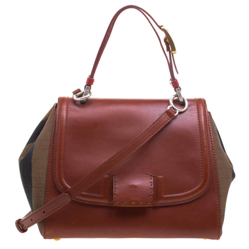 Pre Owned Fendi Copper/Tobacco Leather and Pequin Canvas Silvana Top Handle Bag