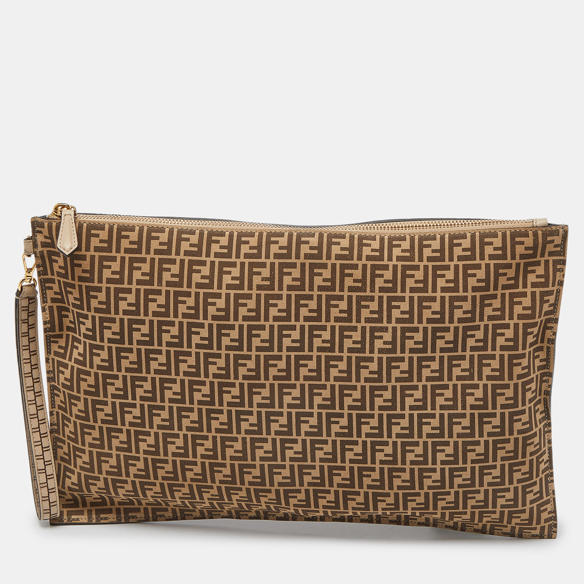 

Fendi Beige/Brown Zucchino Suede Flat Wristlet Pouch