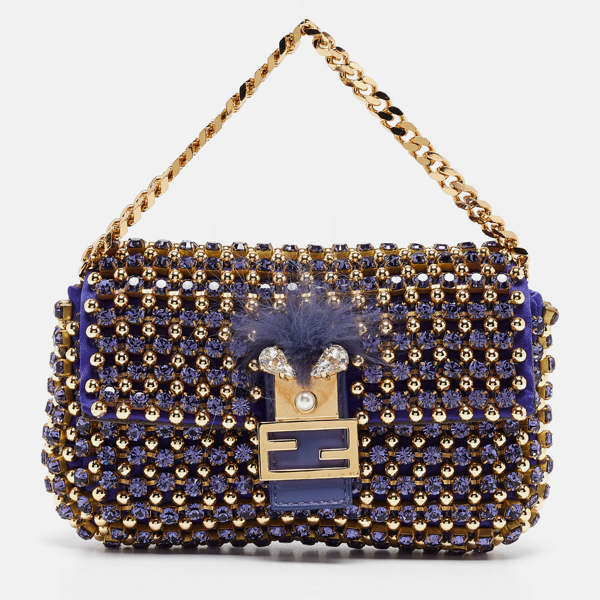 

Fendi Purple/Gold Satin Crystal Studded Fur Micro Baguette Bag