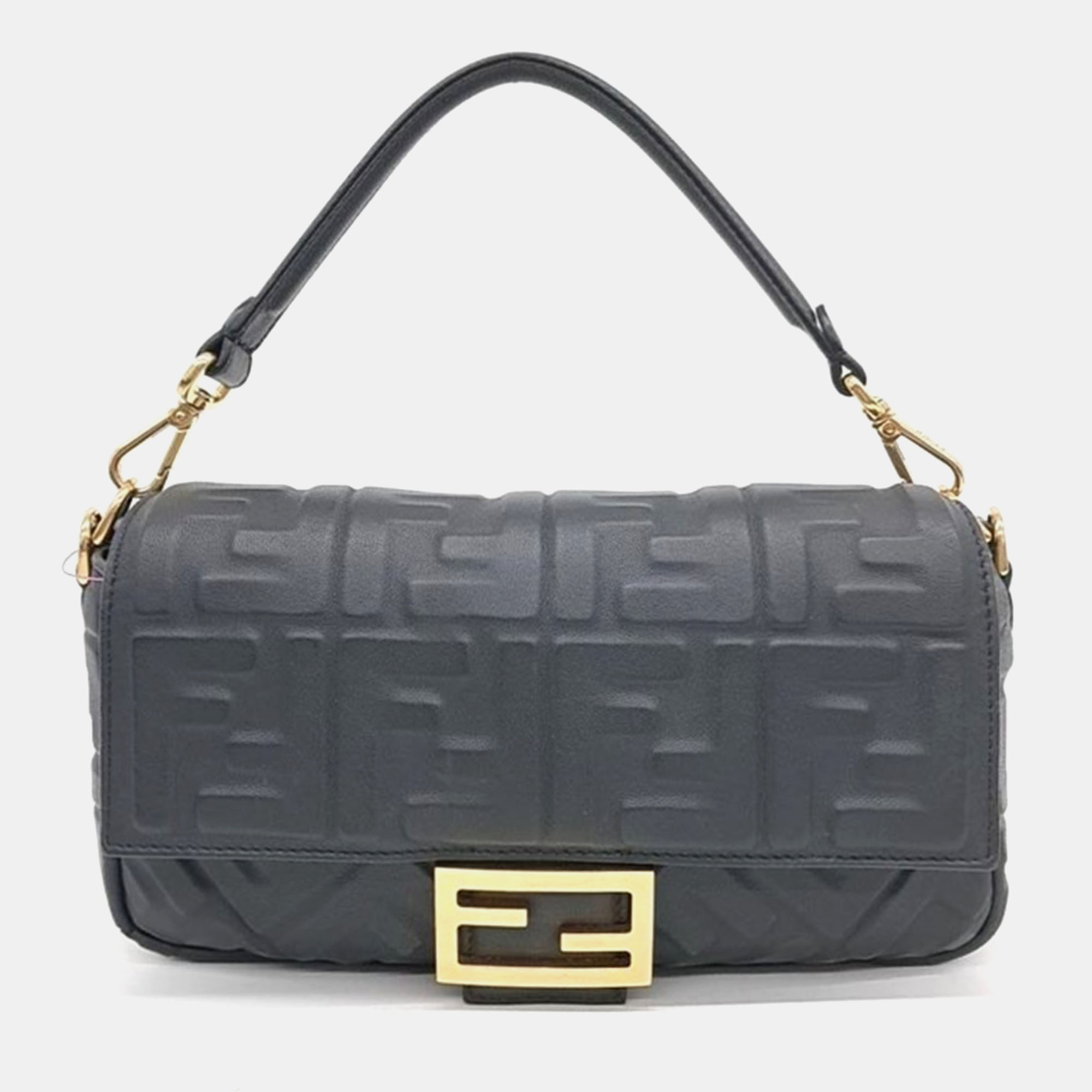 

Fendi Black Embossed zucca Logo Leather Baguette  Shoulder Bag