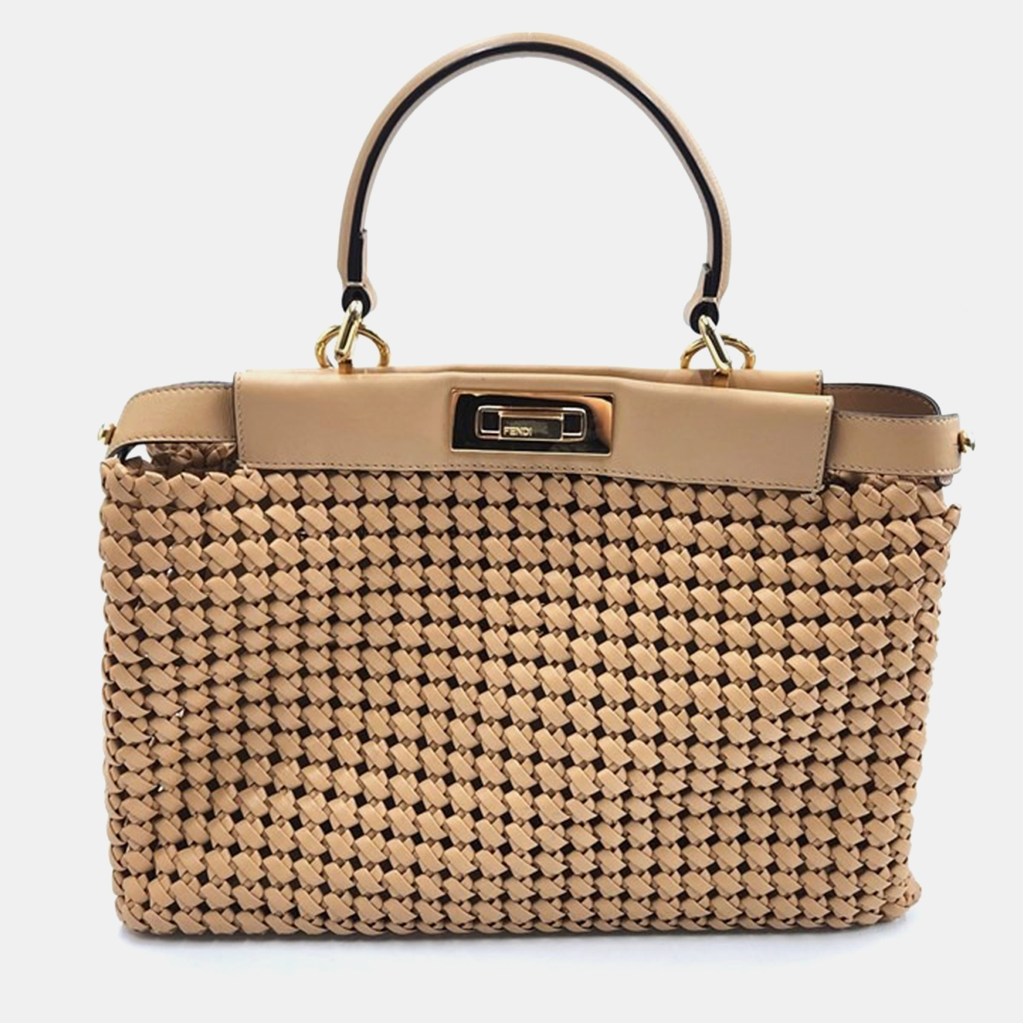 

Fendi Woven Leather Mini Peekaboo Top Handle Bag, Brown