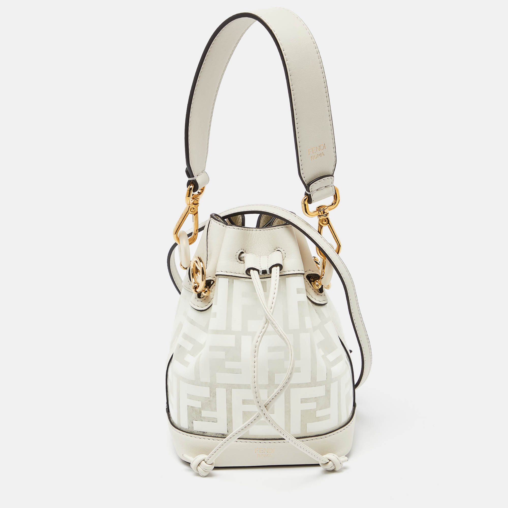 

Fendi White Zucca PVC and Leather Mini Mon Tresor Drawstring Bucket Bag