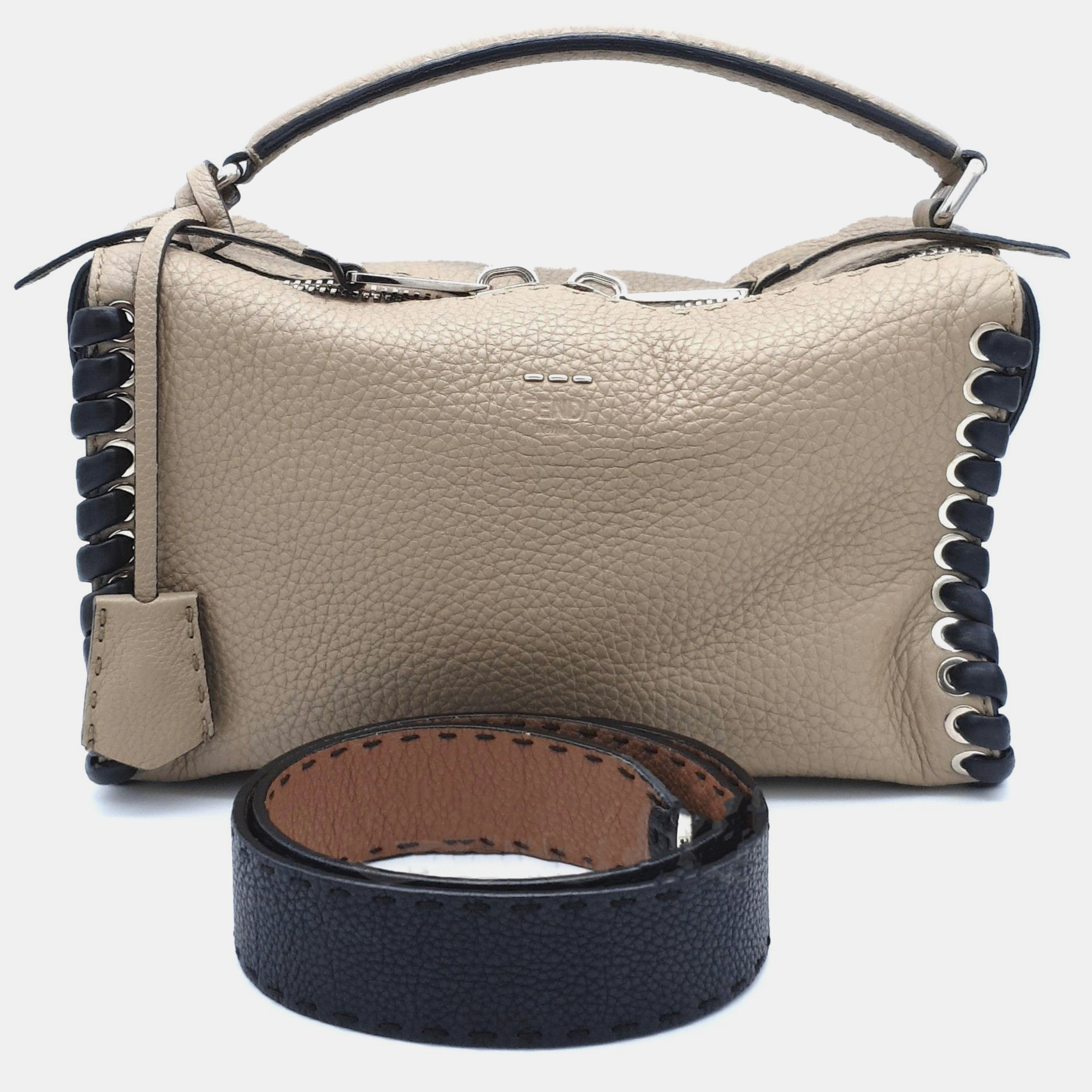 

Fendi Beige/Black Leather Selleria Lei Boston Bag