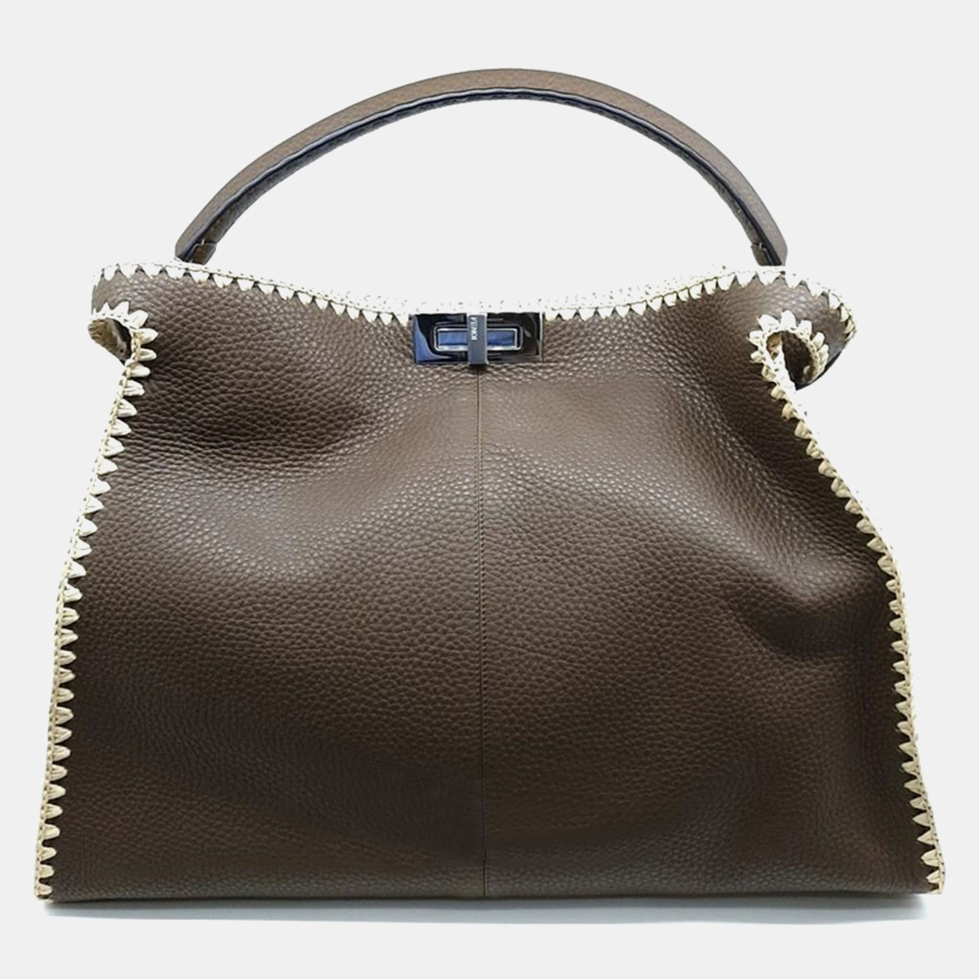 

Fendi Brown Leather Raffia-Trimmed X-Lite Peekaboo Large Top Handle Bag