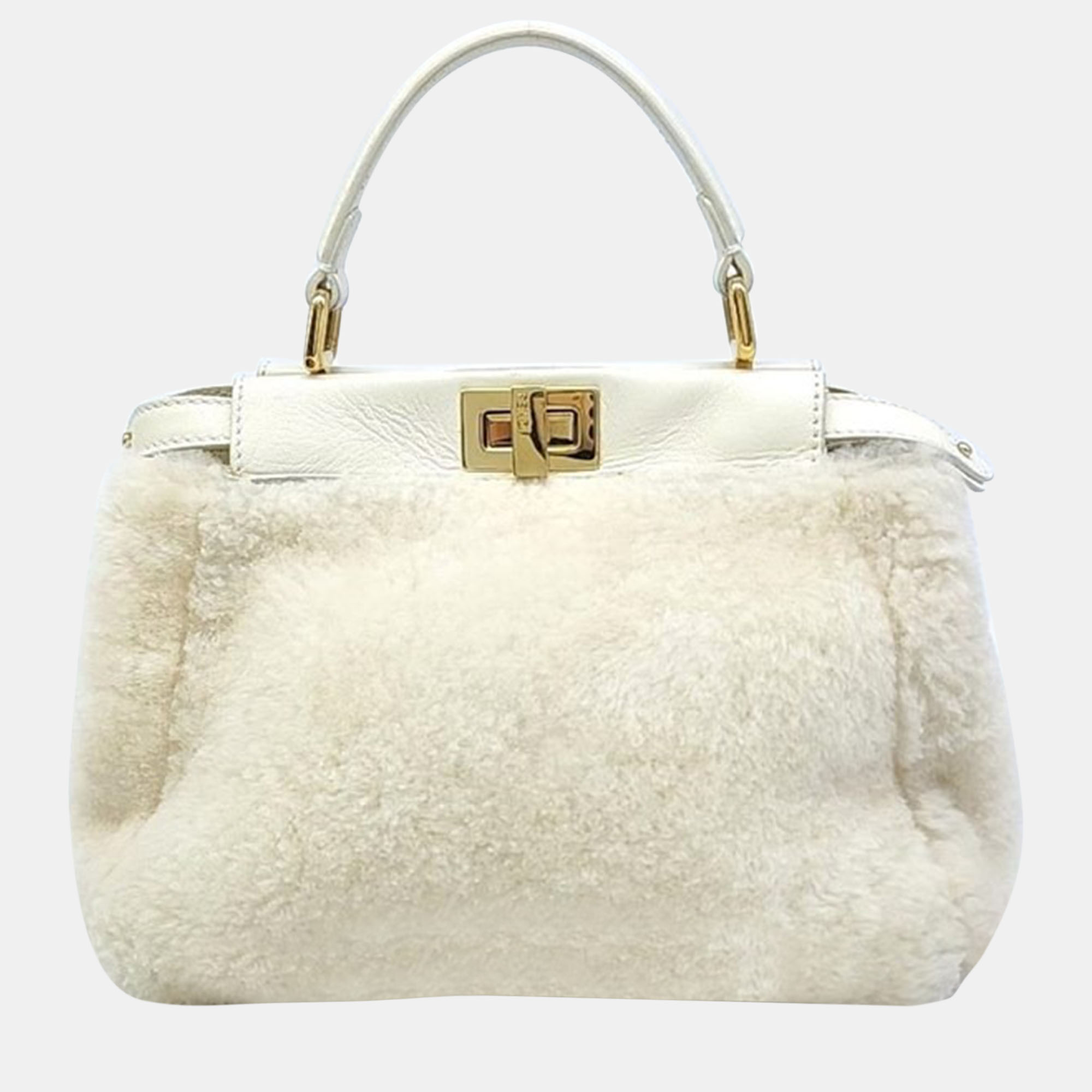 

Fendi White Shearling Shiny Nappa Mini Peekaboo Iconic Satchel Bag