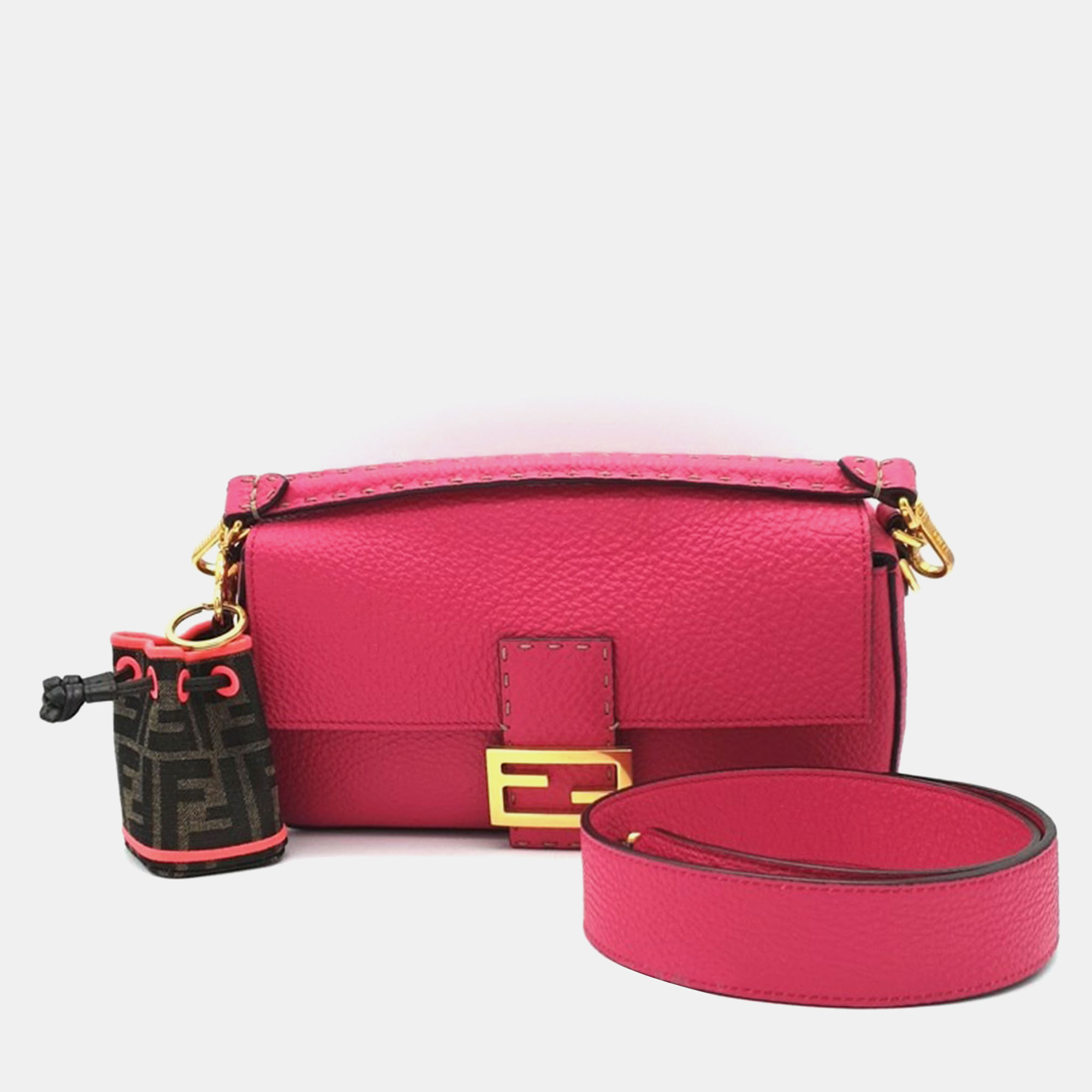 

Fendi Piink Leather Selleria Baguette Bag w/ Montresor Bag Charm, Pink