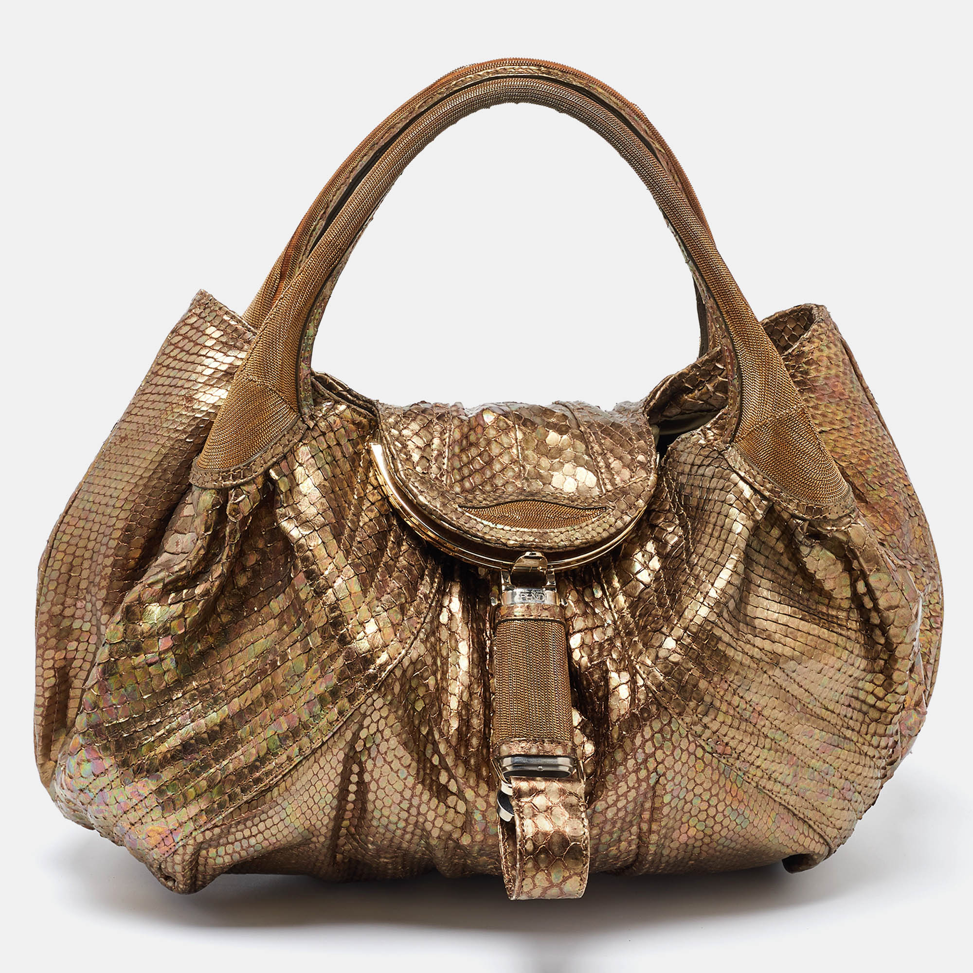 Pre-owned Fendi Gold Python And Metal Mesh Spy Hobo