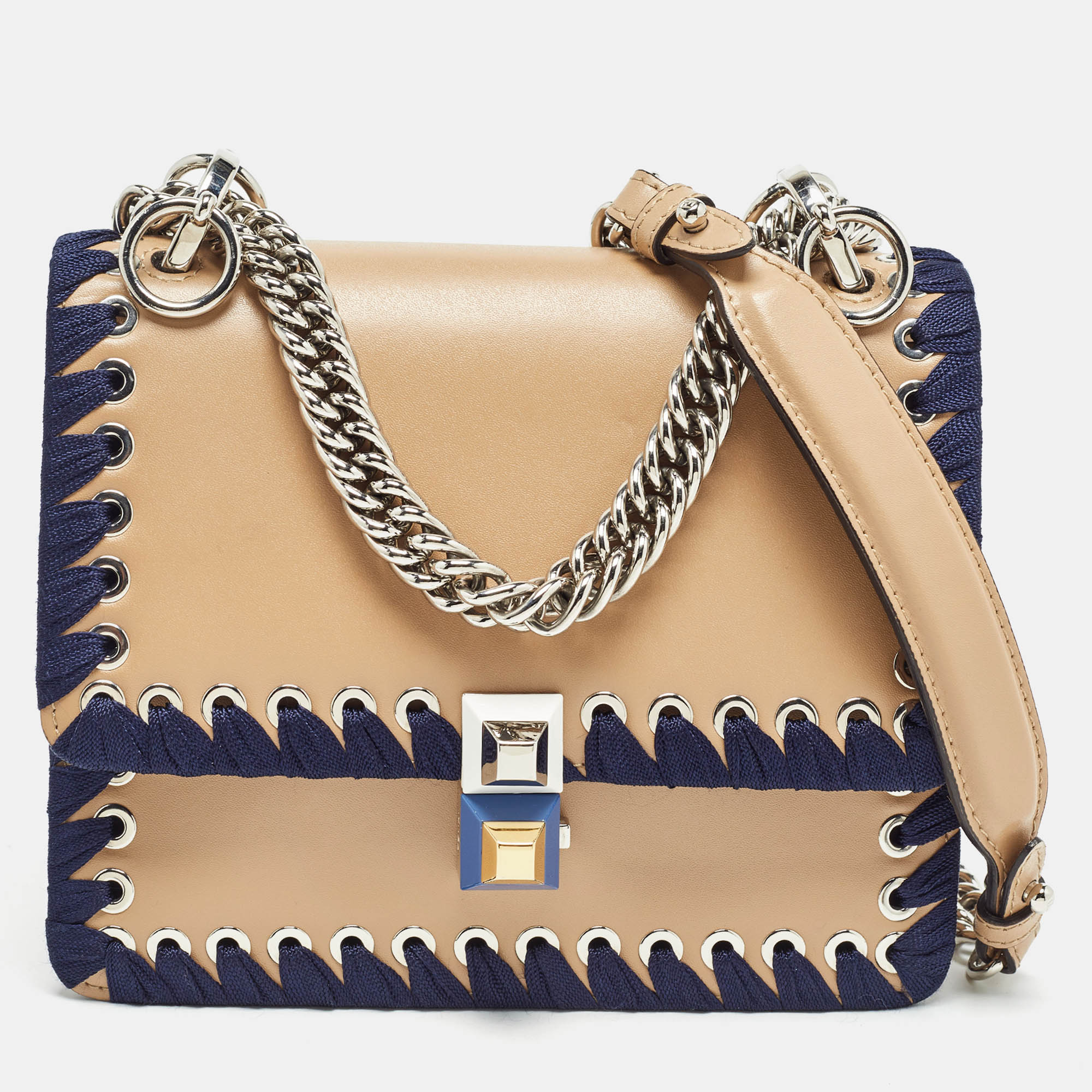 

Fendi Brown/Blue Leather Studded Mini Kan I Ribbon Whipstitch Shoulder Bag