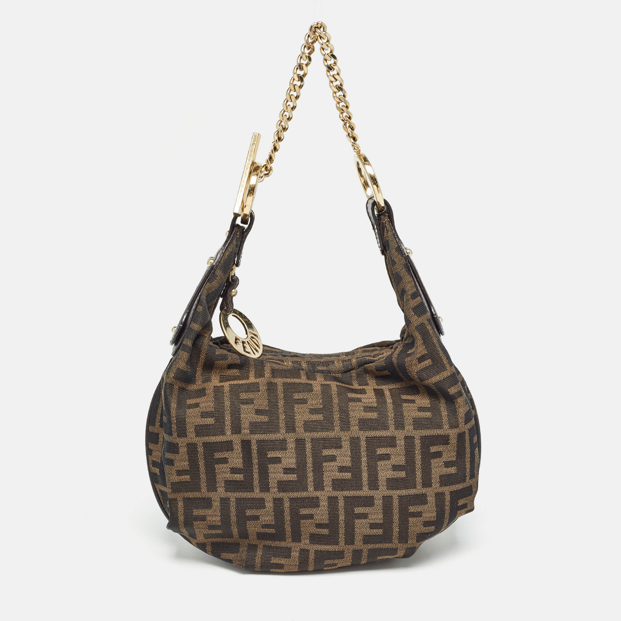 

Fendi Tobacco Zucca Canvas and Leather Small Chef Chain Link Hobo, Brown