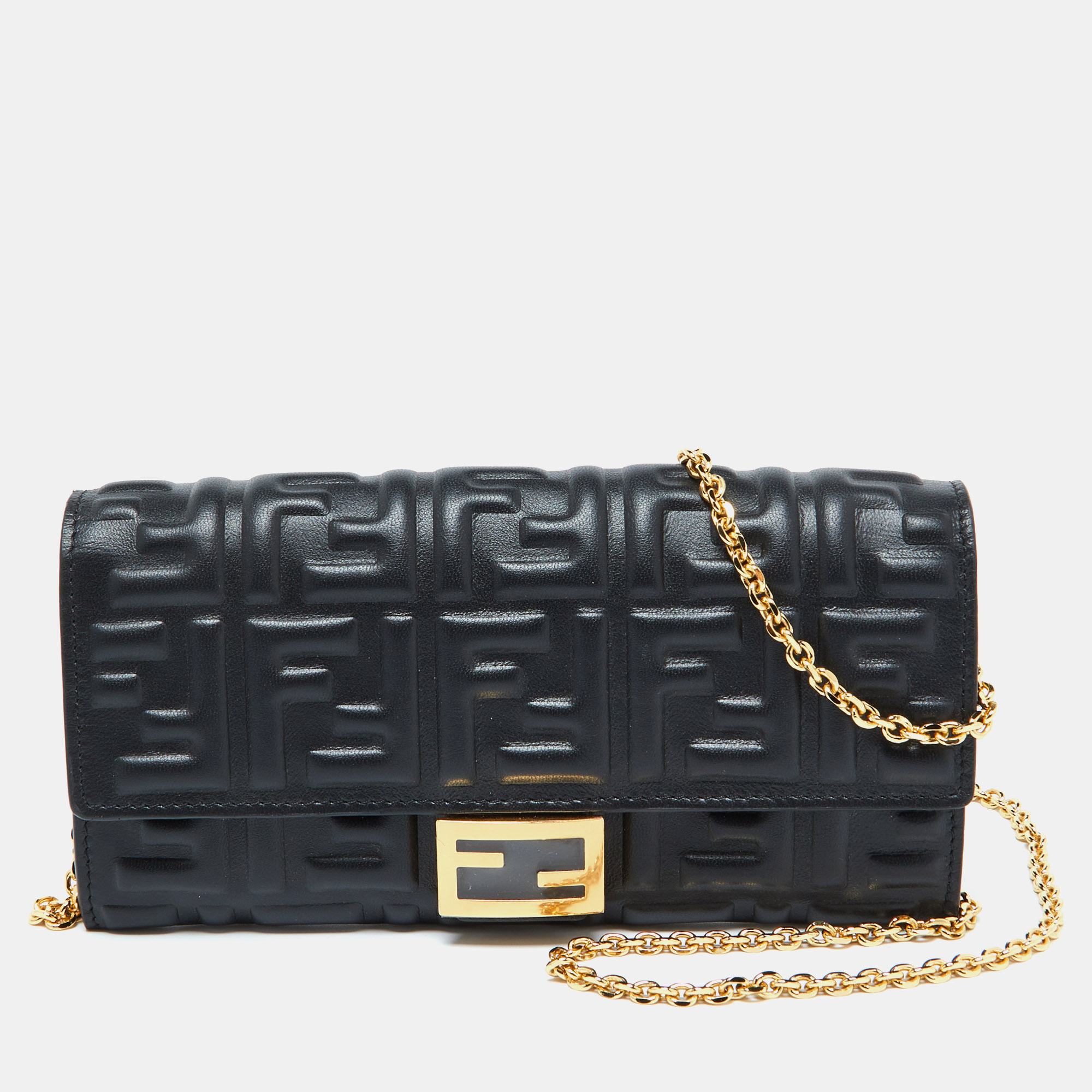 

Fendi Black Zucca Embossed Leather Baguette Wallet on Chain