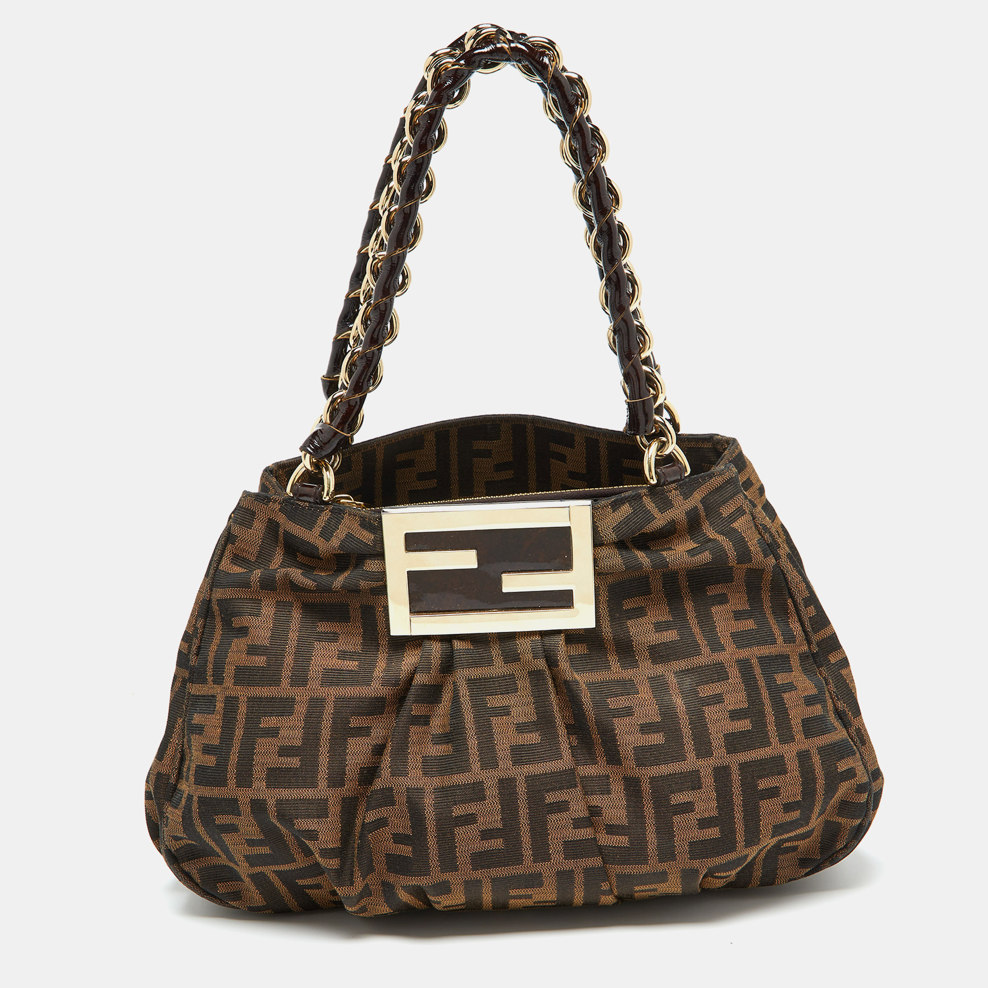 

Fendi Tobacco Zucca Canvas and Patent Leather Small Mia Hobo, Brown