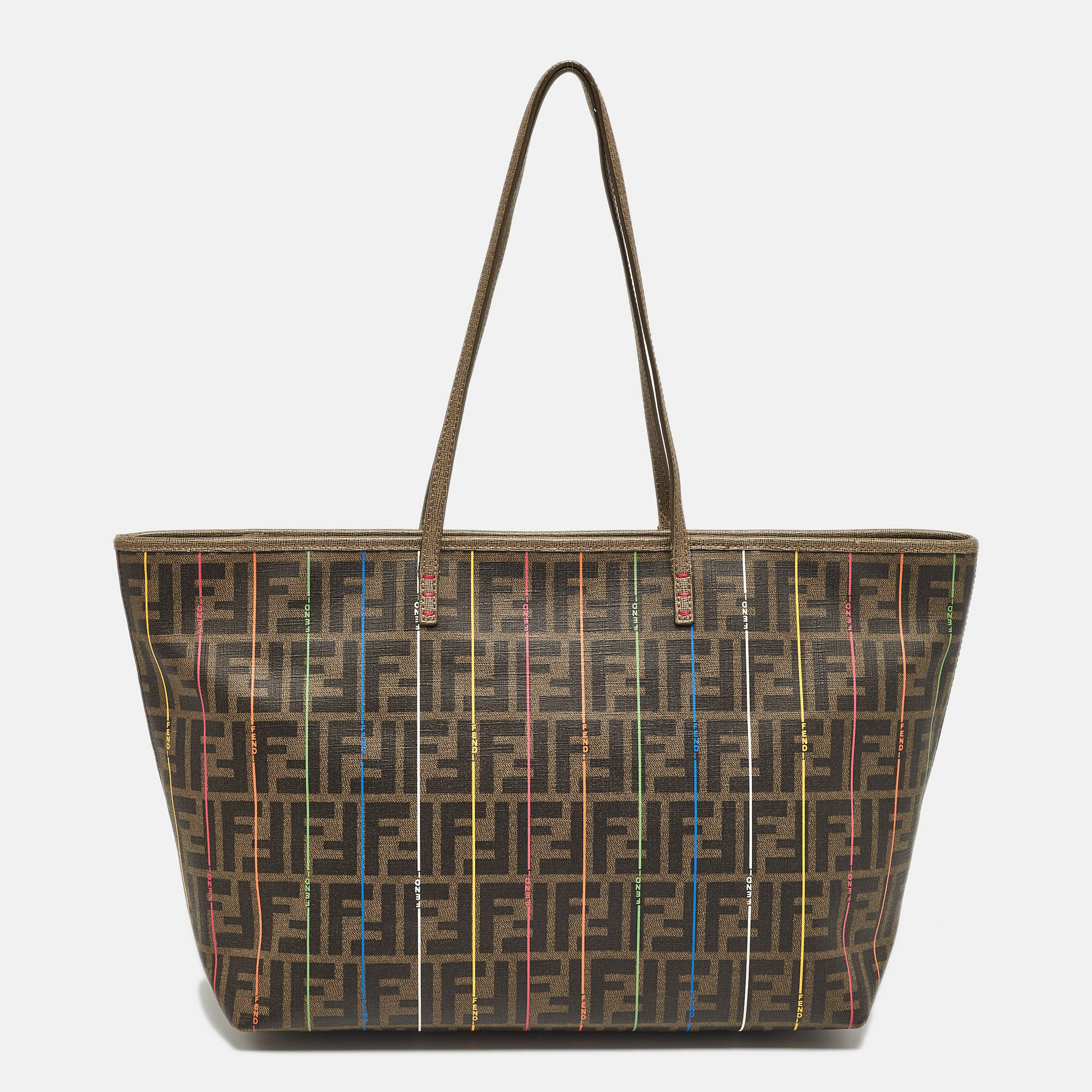 

Fendi Tobacco Zucca Coated Canvas Stripe Roll Tote, Brown