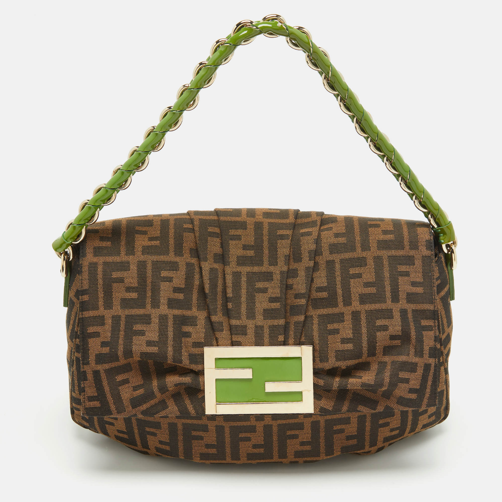 

Fendi Tobacco Zucca Canvas and Patent Leather Mia Flap Shoulder Bag, Brown