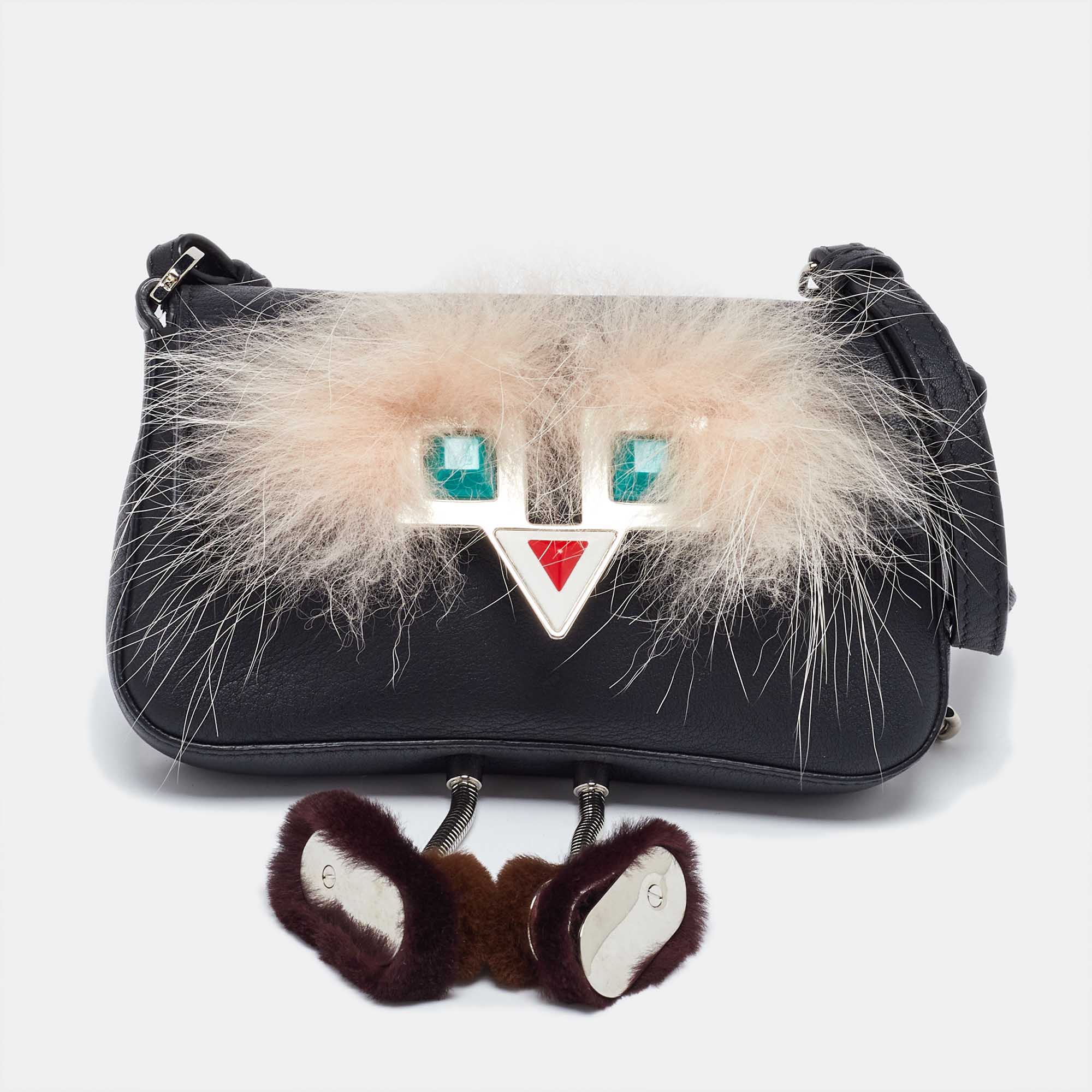 Pre-owned Fendi Black Leather And Fur Micro Monster Baguette Bag