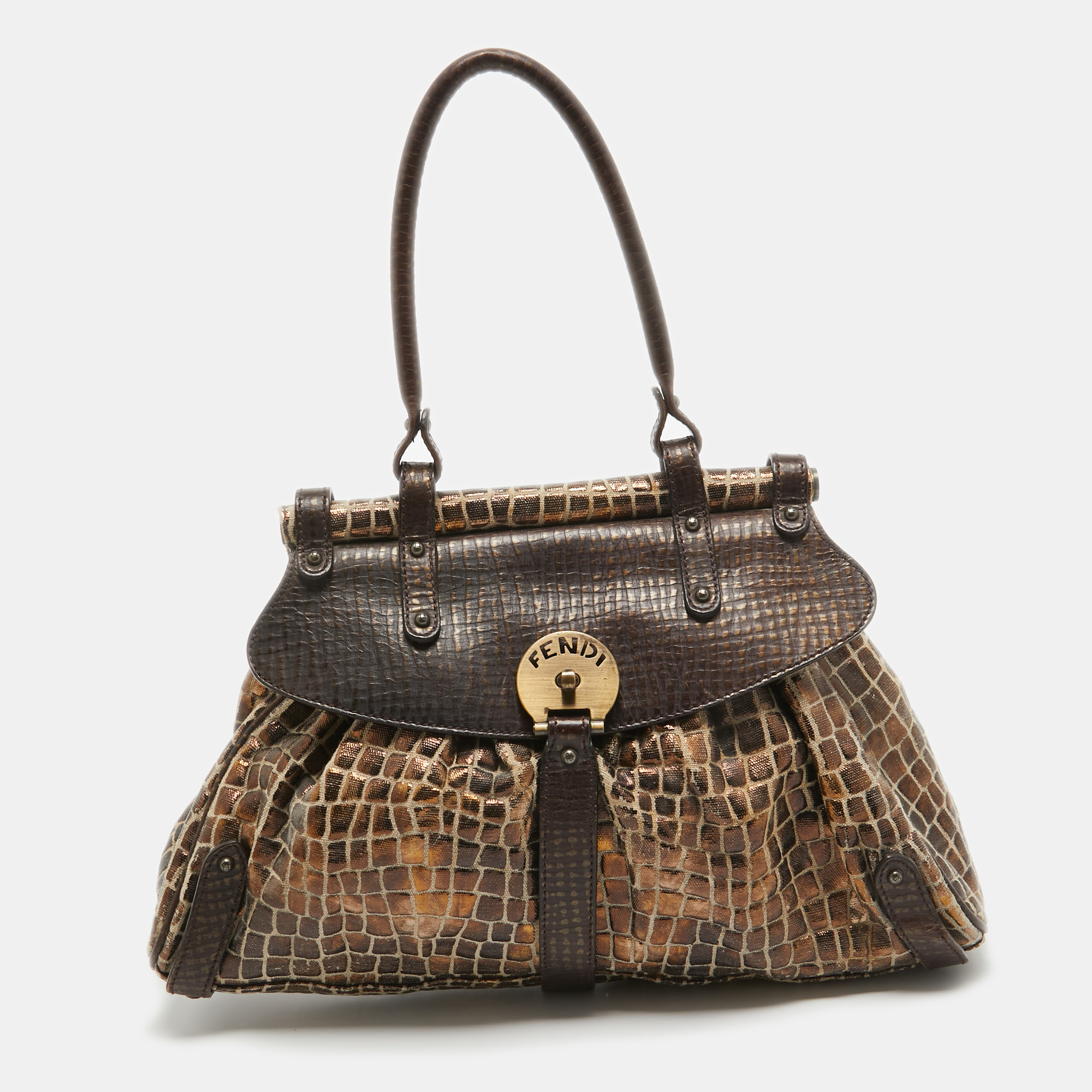 

Fendi Metallic/Dark Brown Croc Effect Canvas Magic Satchel