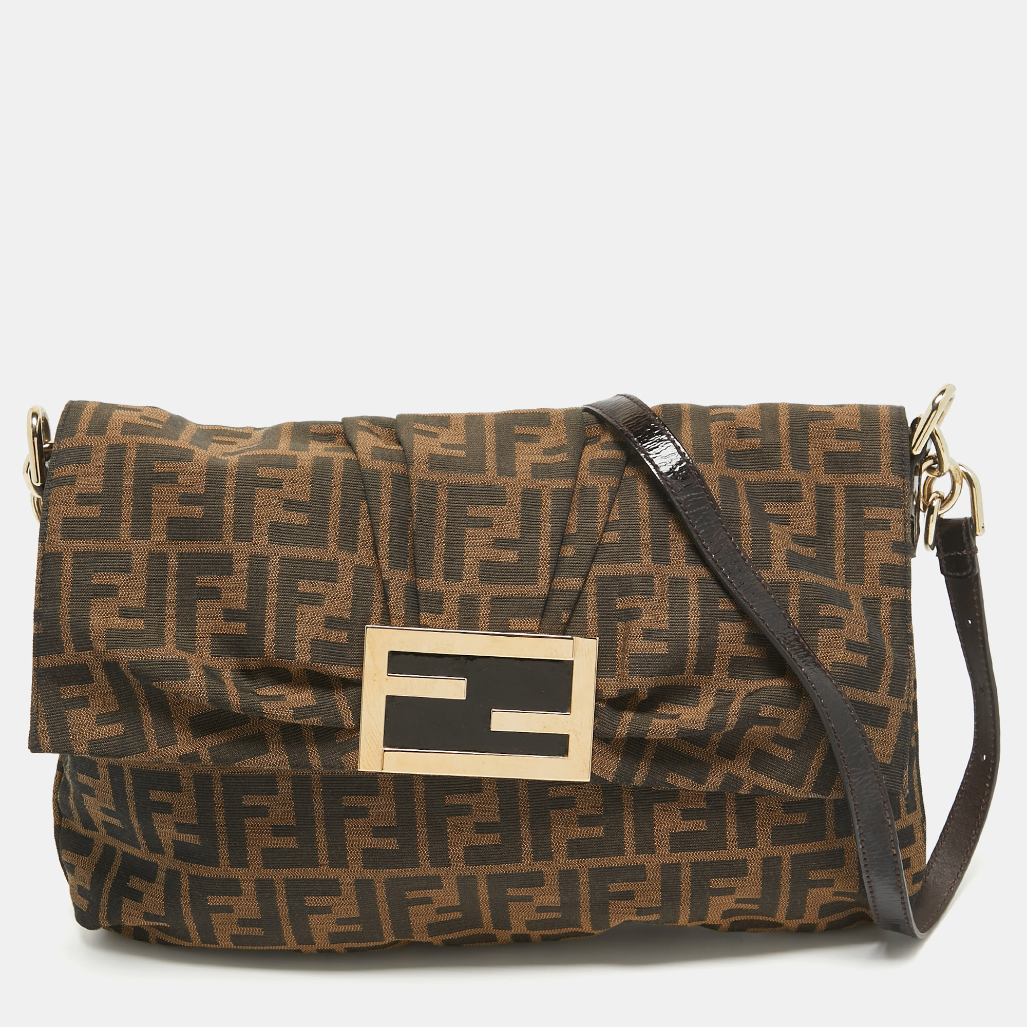 

Fendi Brown Zucca Canvas and Patent Leather Mia Flap Shoulder Bag