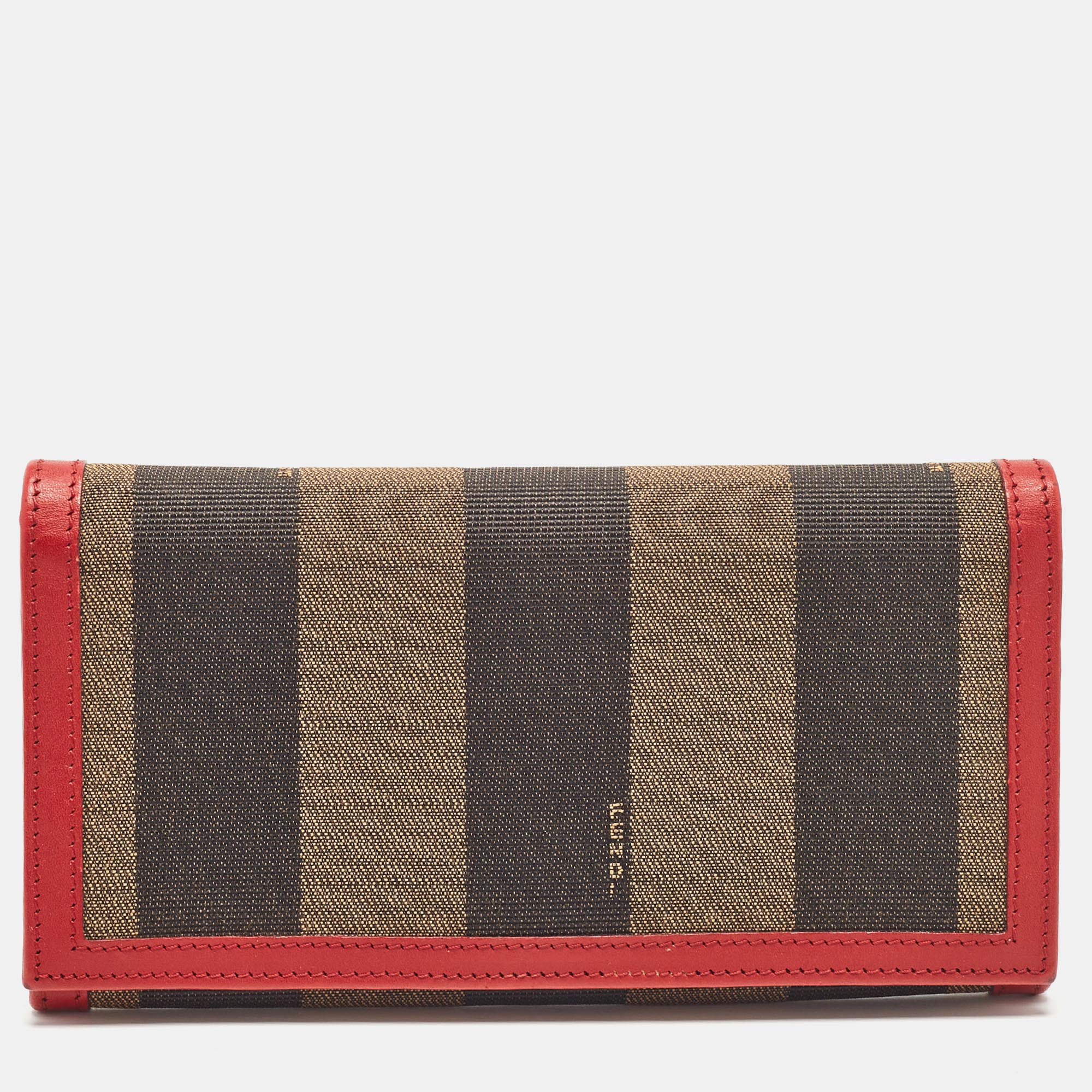 Pre-owned Fendi Red/brown Stripe Canvas And Leather Flap Continental Wallet