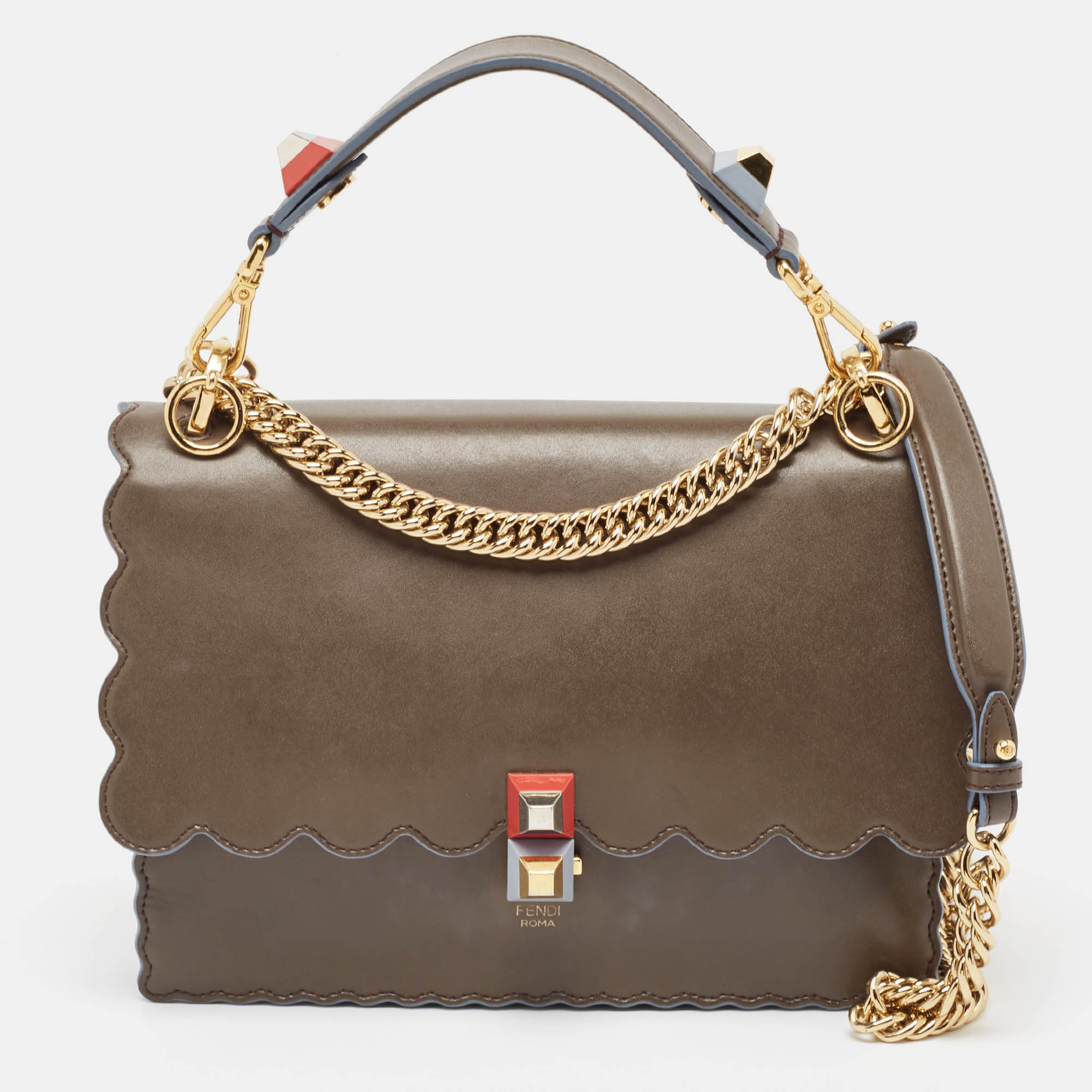 

Fendi Dark Beige Leather  Scalloped Kan I Shoulder Bag