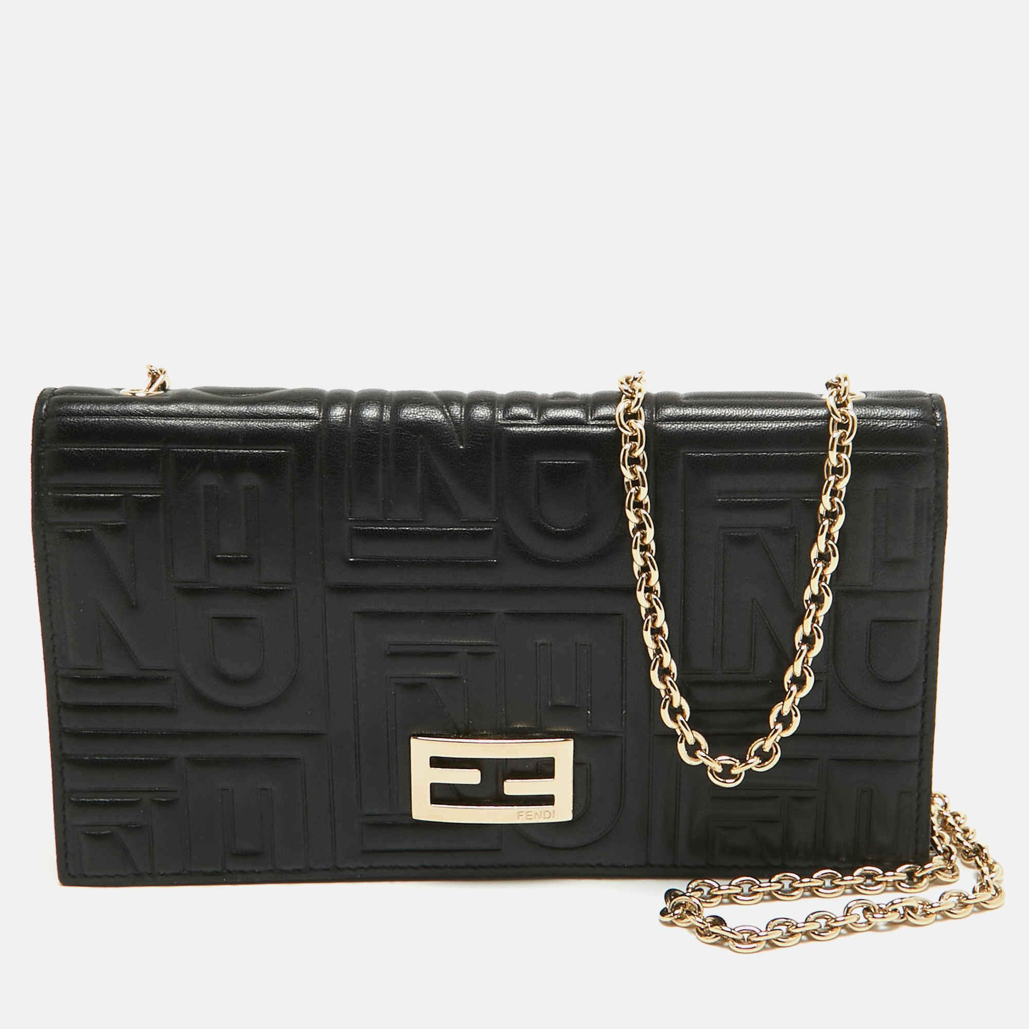 

Fendi Black Embossed Leather Wallet On Chain