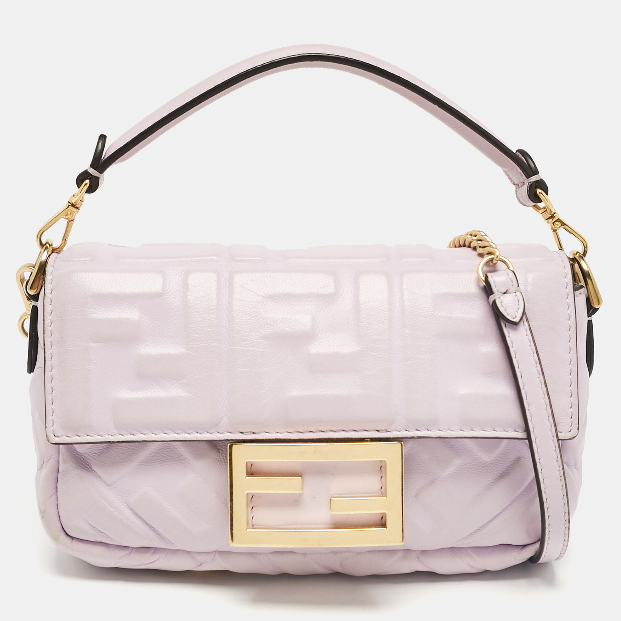 

Fendi Lavender FF Logo Embossed Leather Mini Baguette Bag, Purple