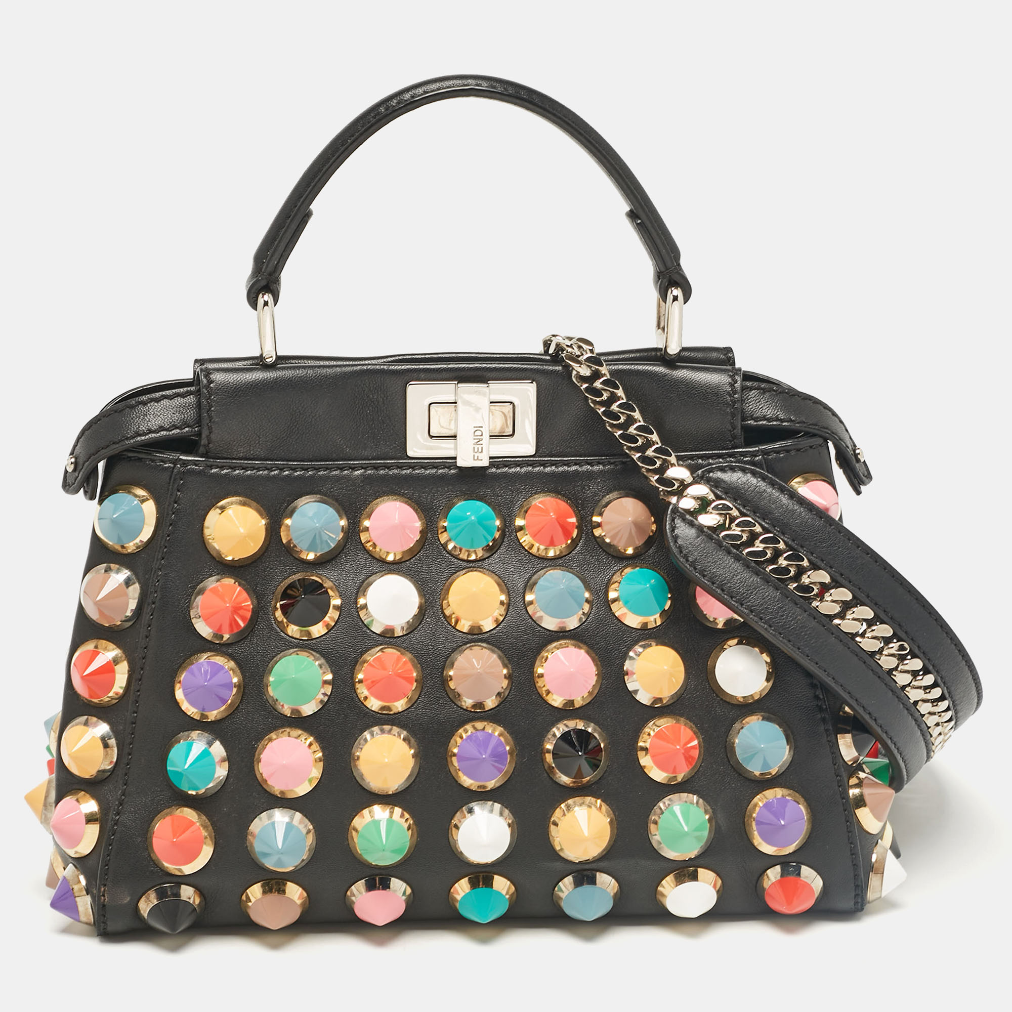 

Fendi Black Leather Studded Peekaboo Top Handle Bag