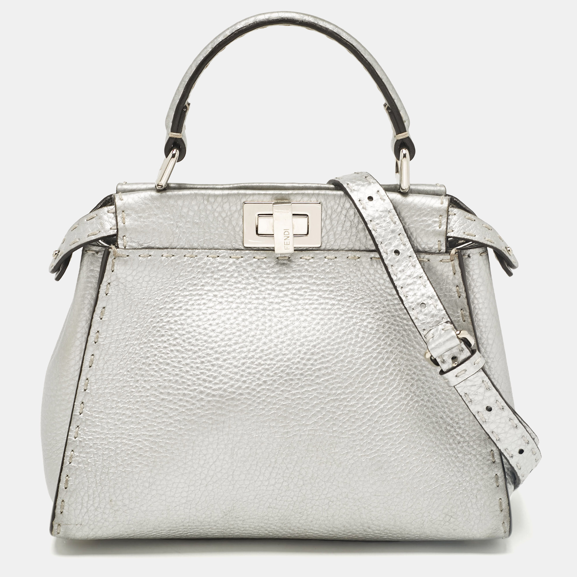 

Fendi Silver Selleria Leather Mini Peekaboo Top Handle Bag