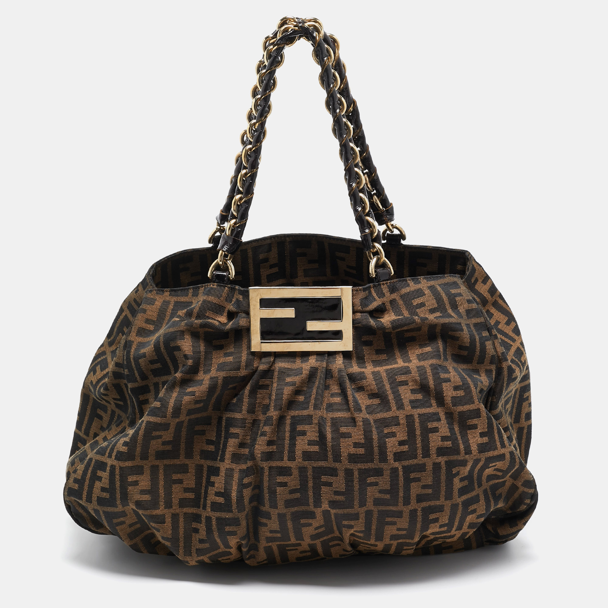 Pre-owned Fendi Tobacco Zucca Canvas Large Mia Shoulder Bag In Black