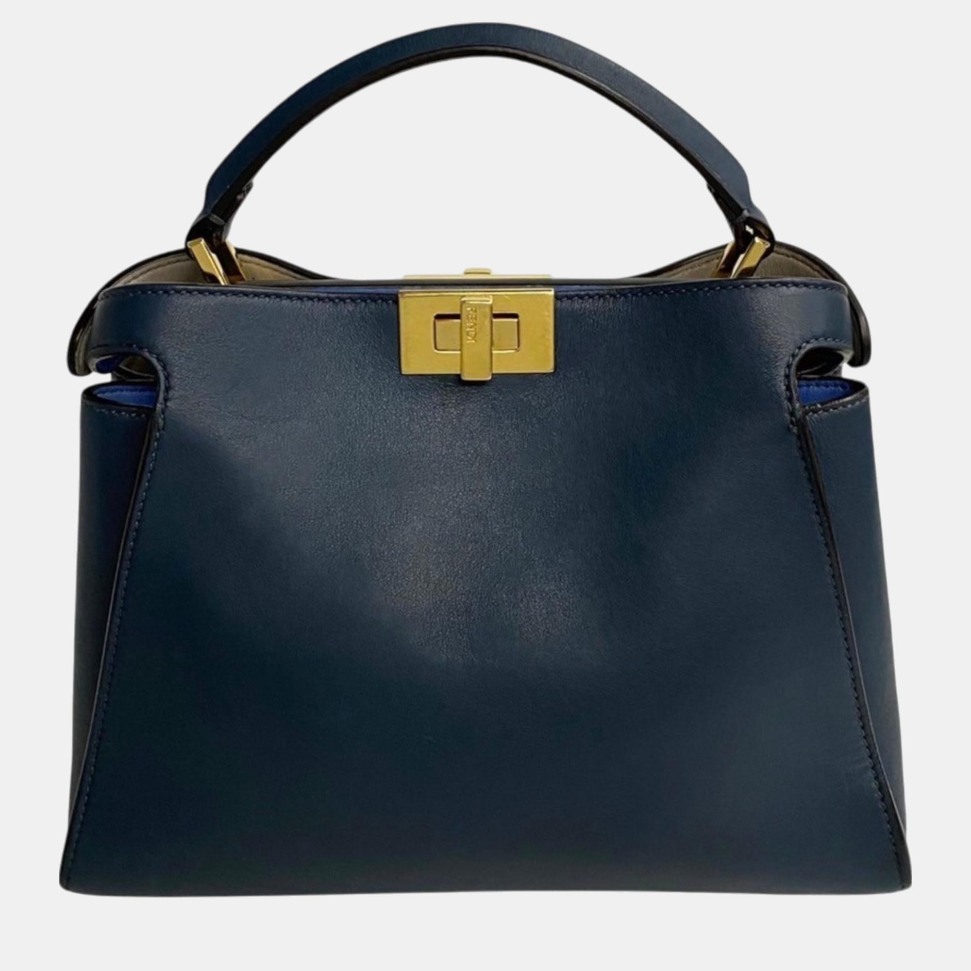 Pre-owned Fendi Navy Blue Peekaboo Leather Handbag