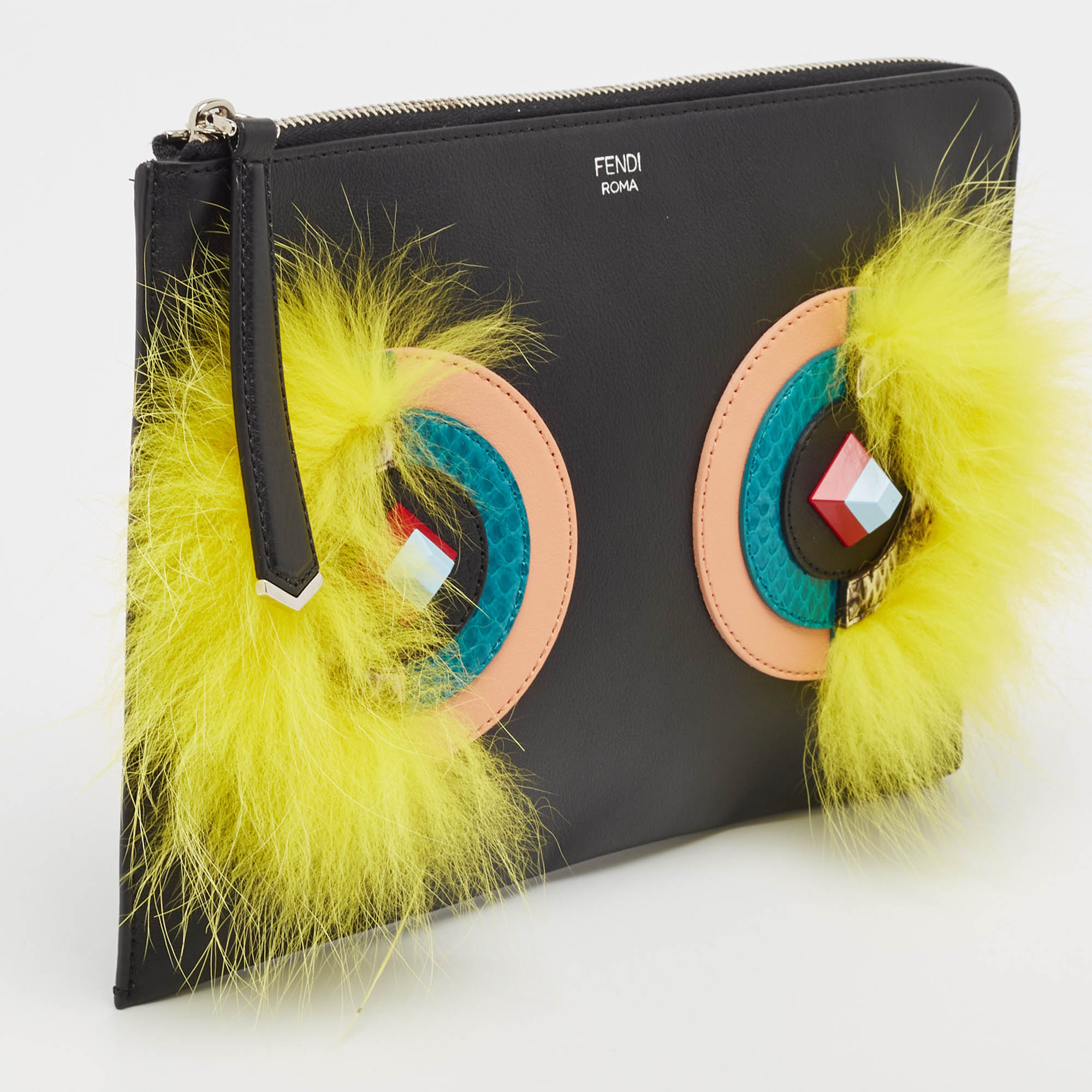 Fendi Multicolor Leather and Snakeskin Dolce Monster Clutch 