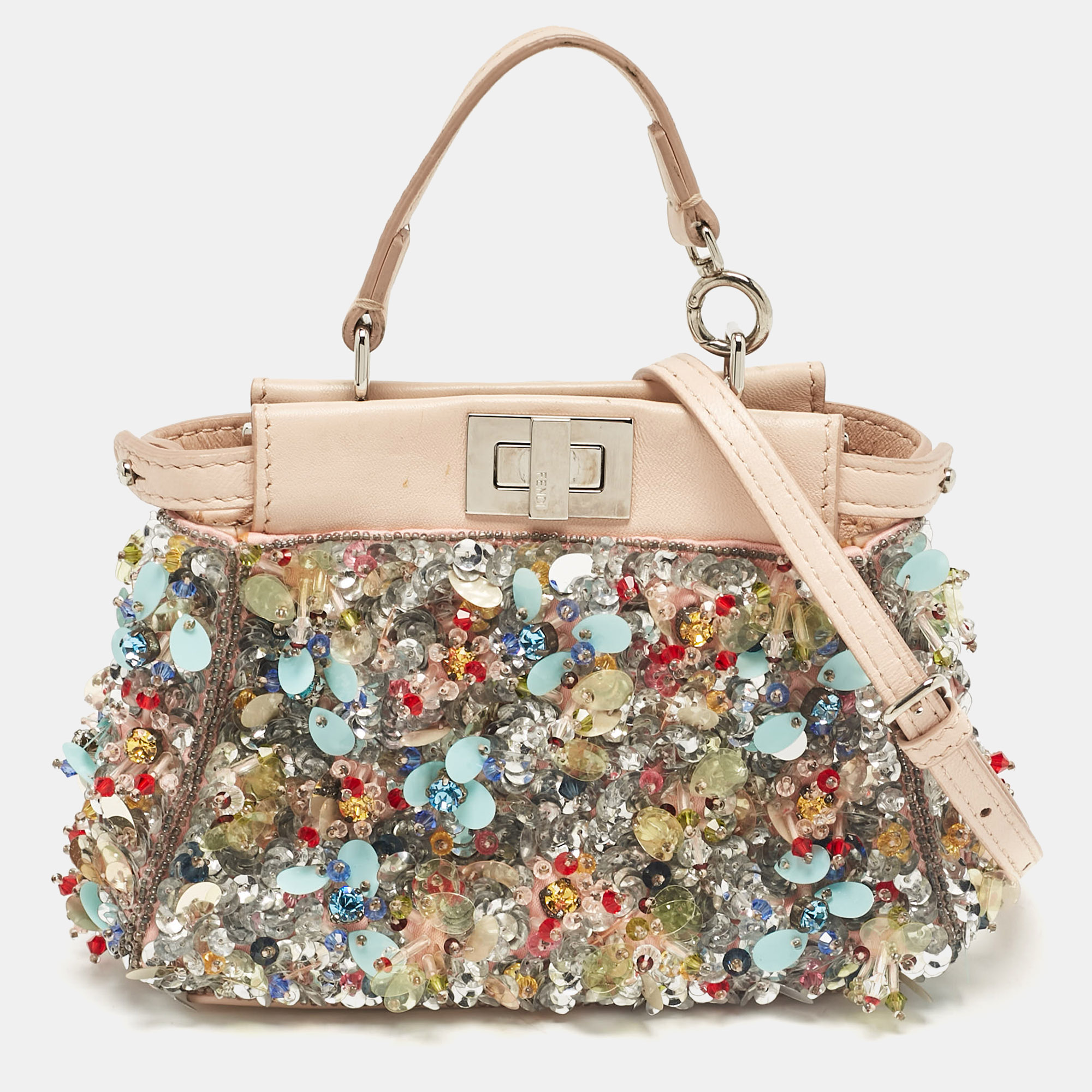 

Fendi Beige Leather Micro Peekaboo Embellished Crossbody Bag