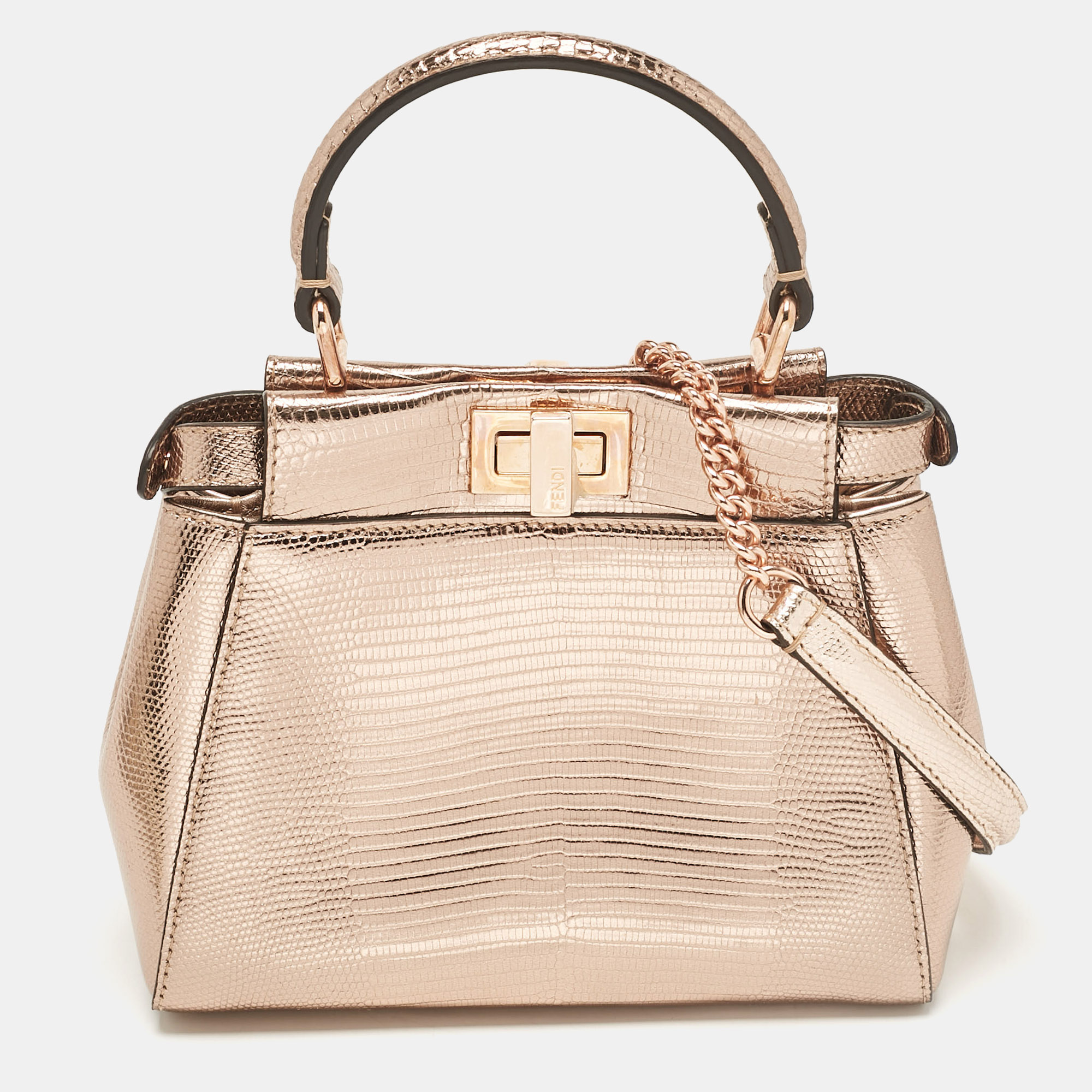 

Fendi Rose Gold Lizard Patent Leather  Iconic Peekaboo Top Handle Bag, Pink