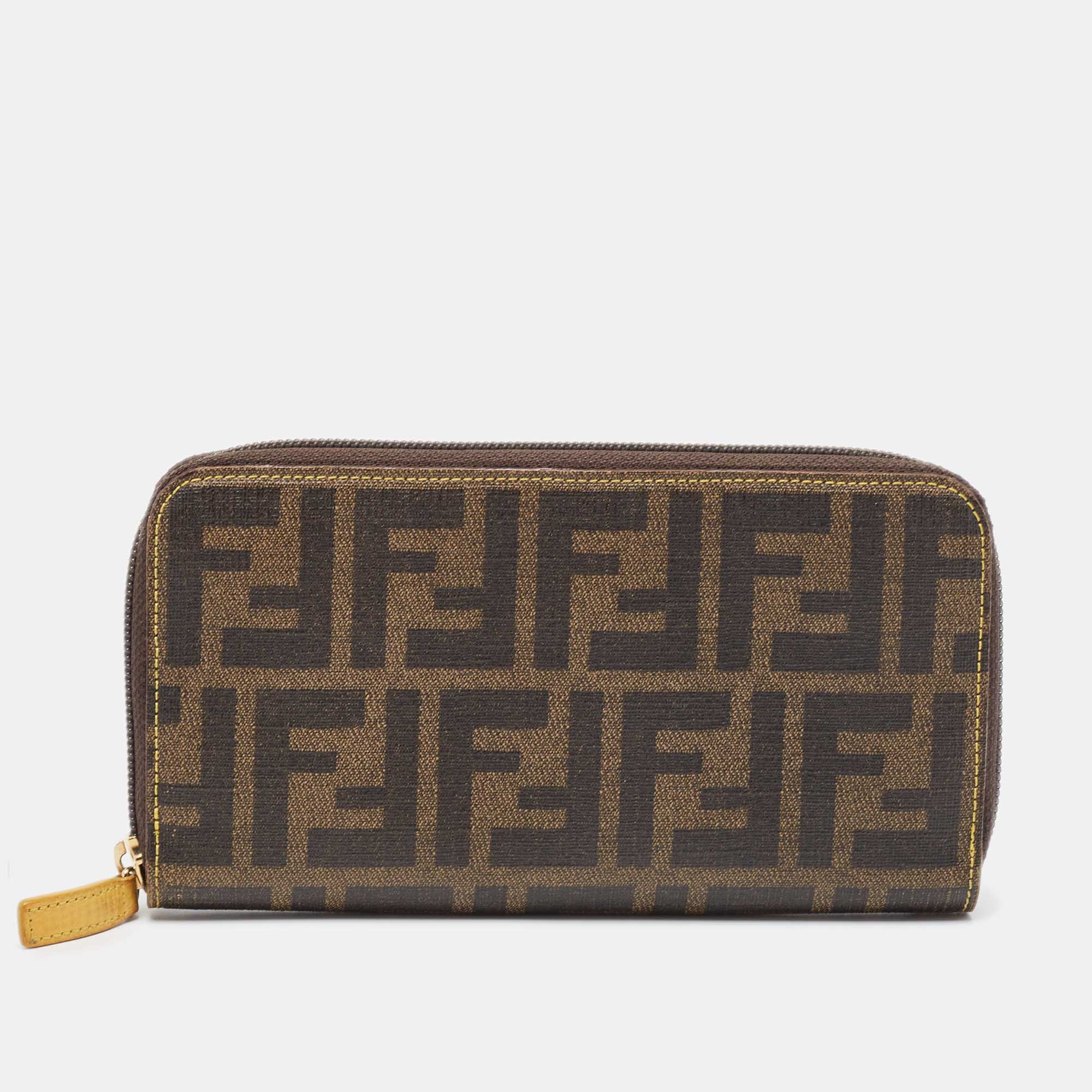 Pre-owned Fendi Tobacco Zucca Coated Canvas Zip Around Continental Wallet In Brown