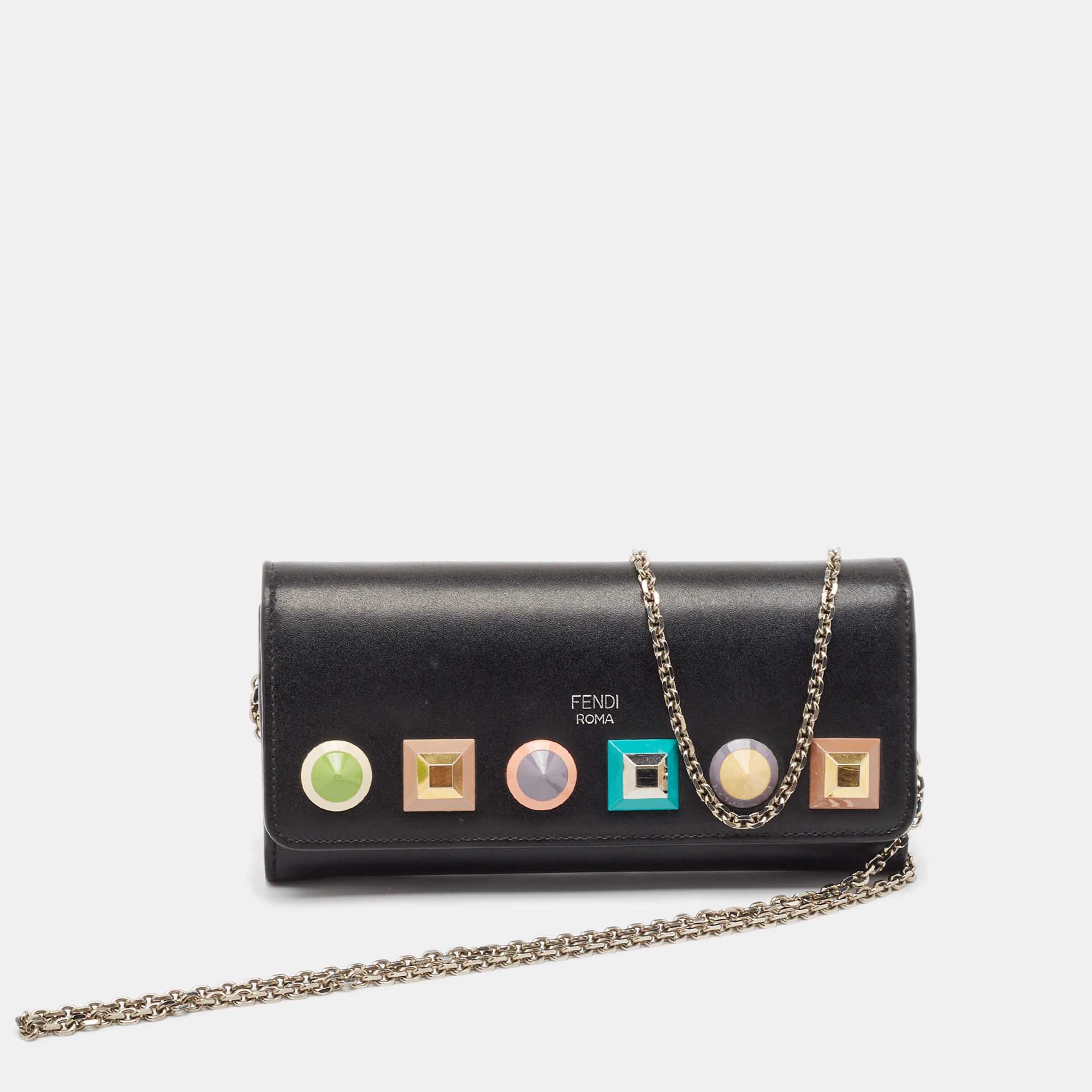 

Fendi Black Leather Rainbow Stud Flap Wallet on Chain