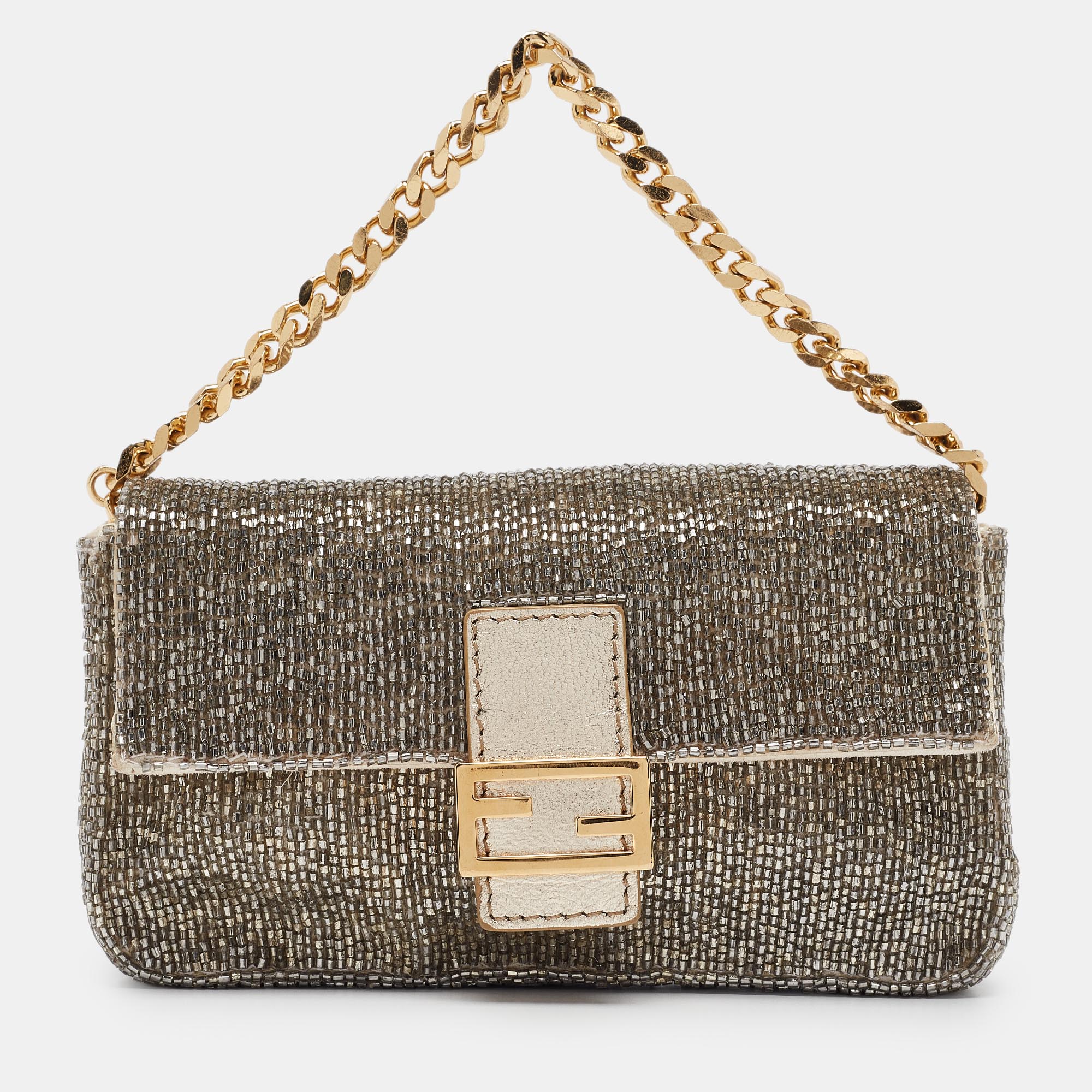 Pre-owned Fendi Metallic Beaded Micro Baguette Bag