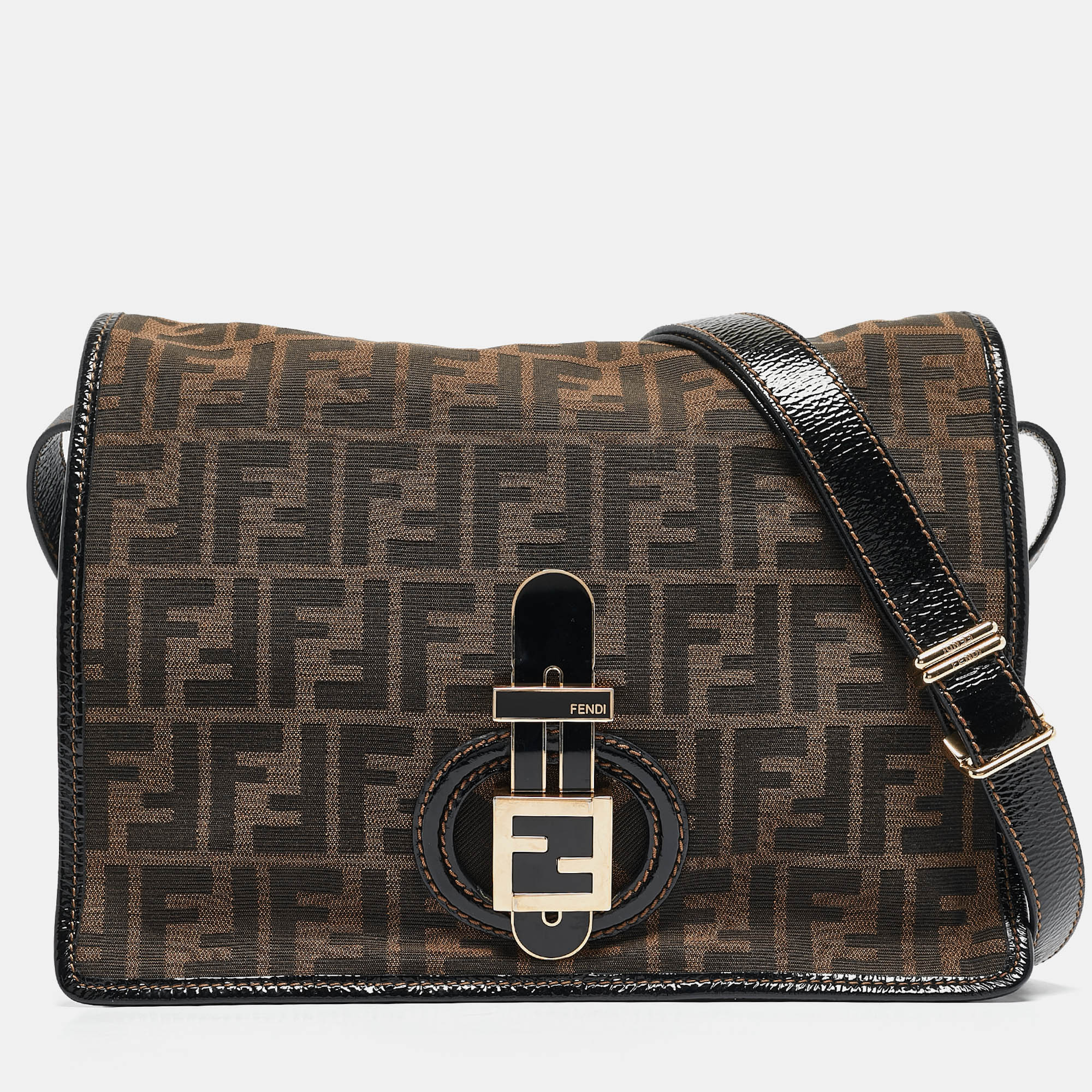 Pre-owned Fendi Tobacco Zucca Canvas And Patent Leather Mama Flap Shoulder Bag In Brown