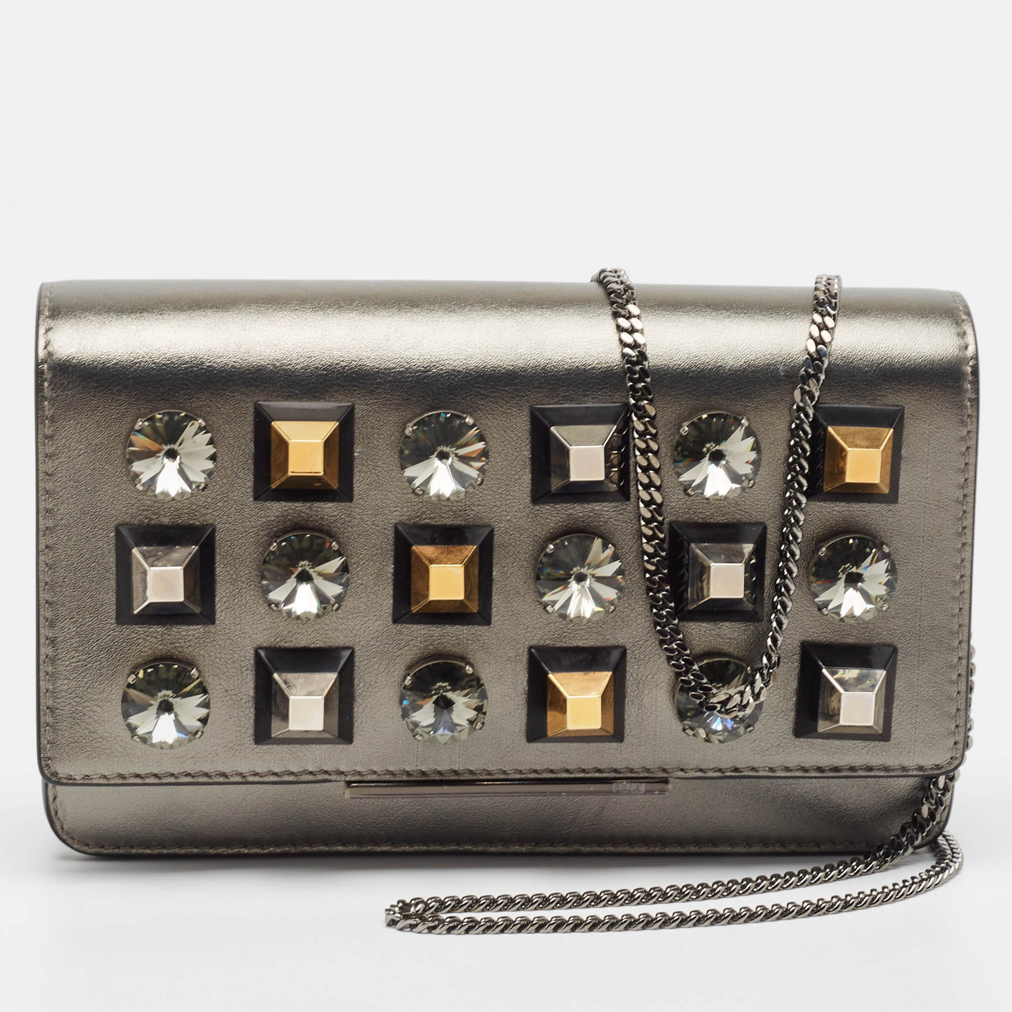 Pre-owned Fendi Metallic Dark Grey Leather Crystal Stud Tube Wallet On Chain