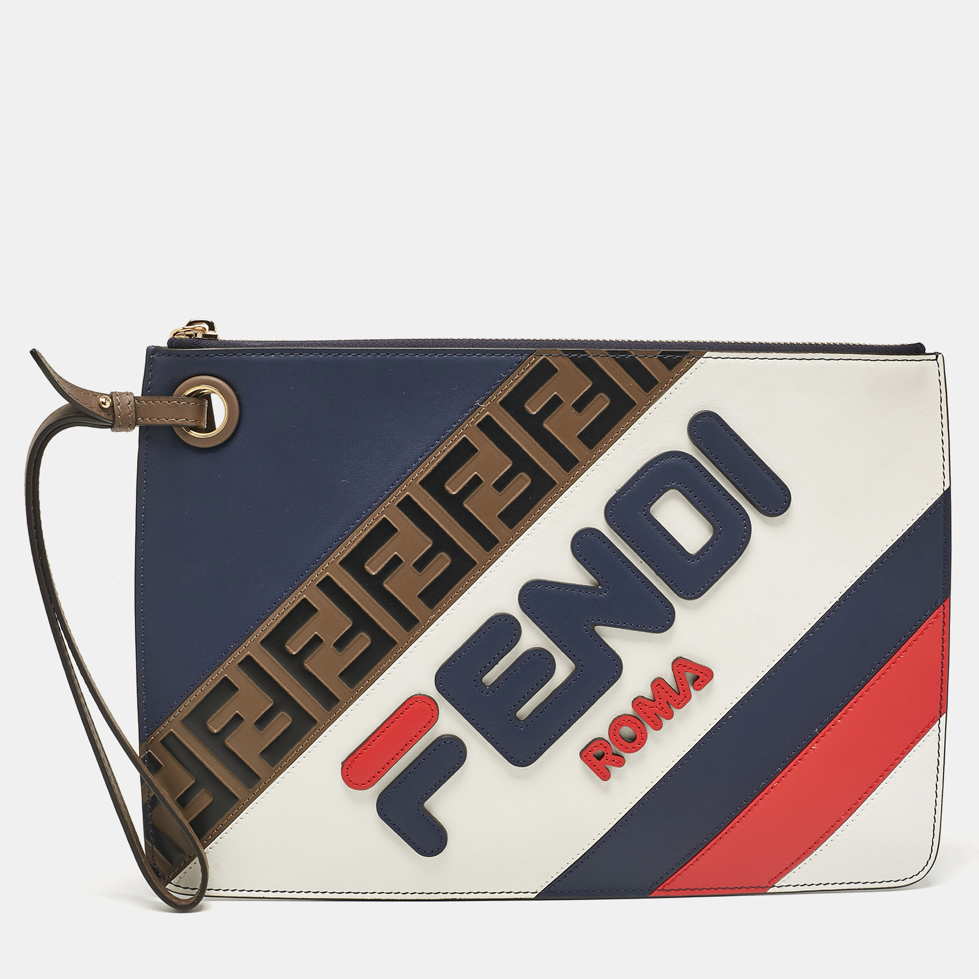 Pre-owned Fendi X Fila Multicolor Leather Logo Mania Wristlet Pouch