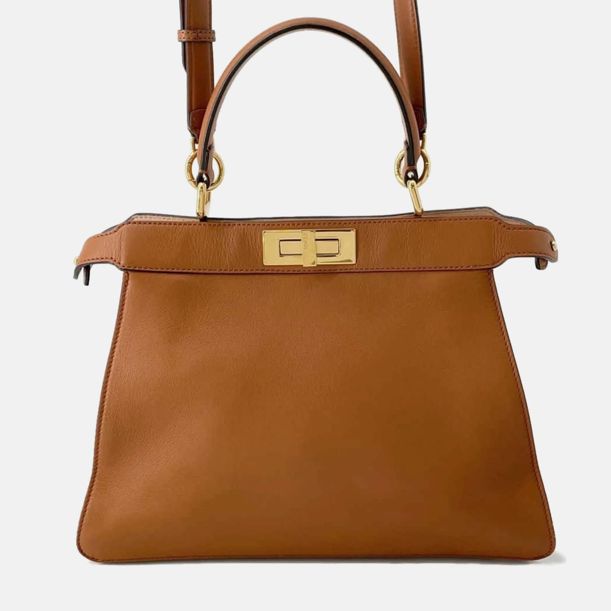 

Fendi Brown Leather Medium Peekaboo ISeeU Top Handle Bag