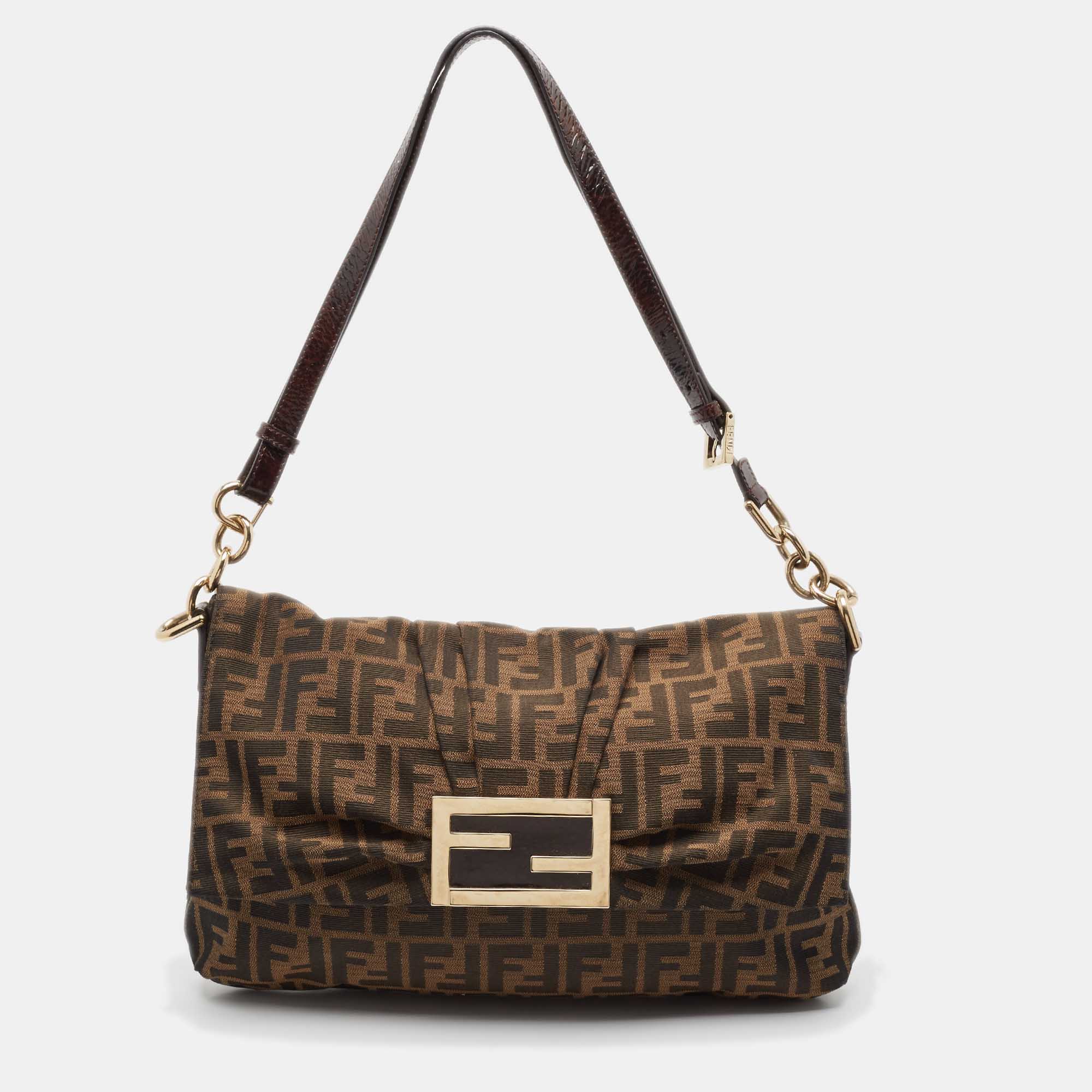 

Fendi Tobacco Zucca Canvas and Patent Leather Large Mia Flap Bag, Brown