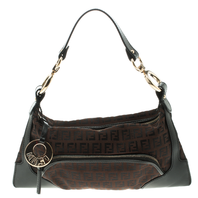 Pre Owned Fendi Brown/Black Zucchino Canvas and Leather Front Pocket Shoulder Bag