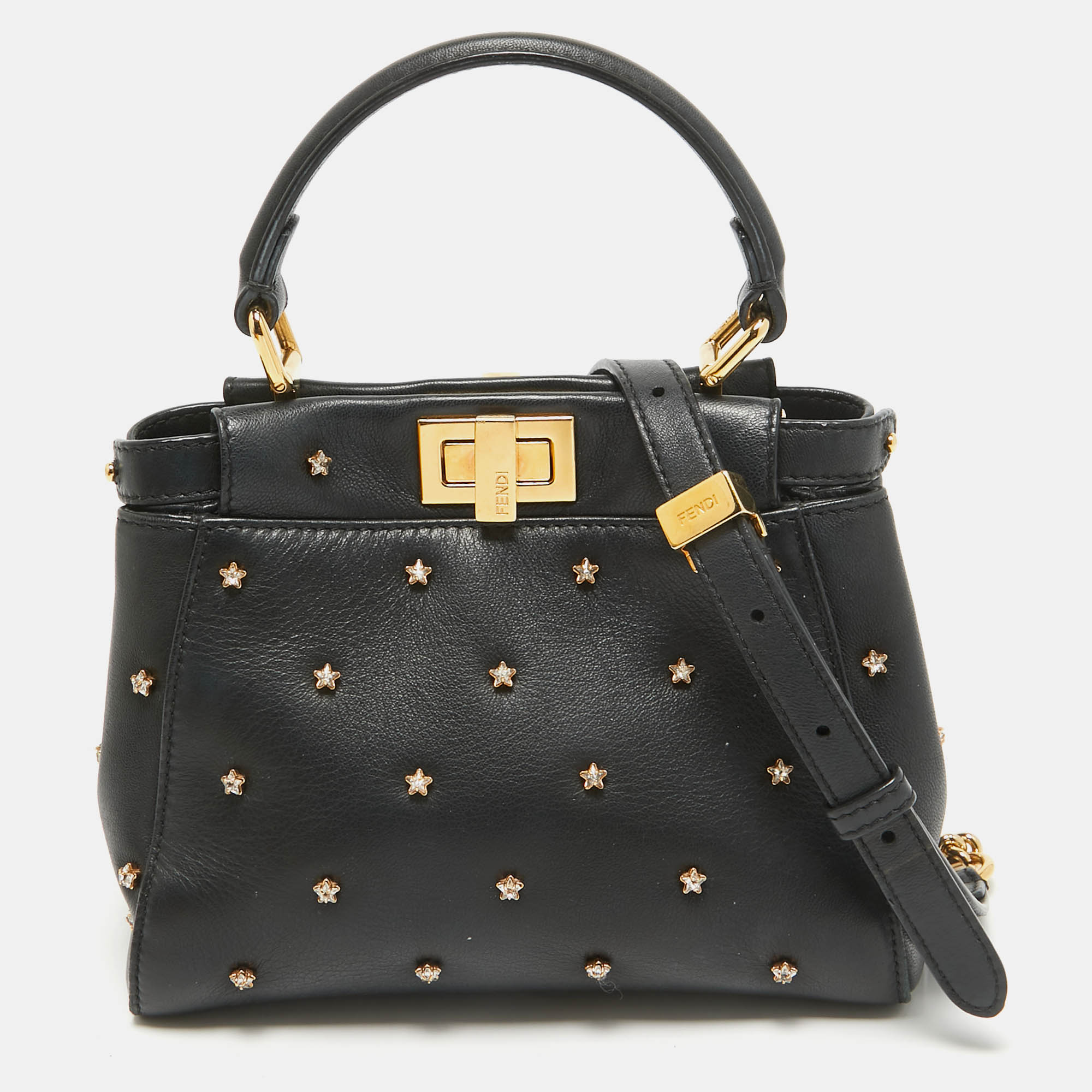 

Fendi Black Leather Extra Small Crystal Peekaboo Top Handle Bag