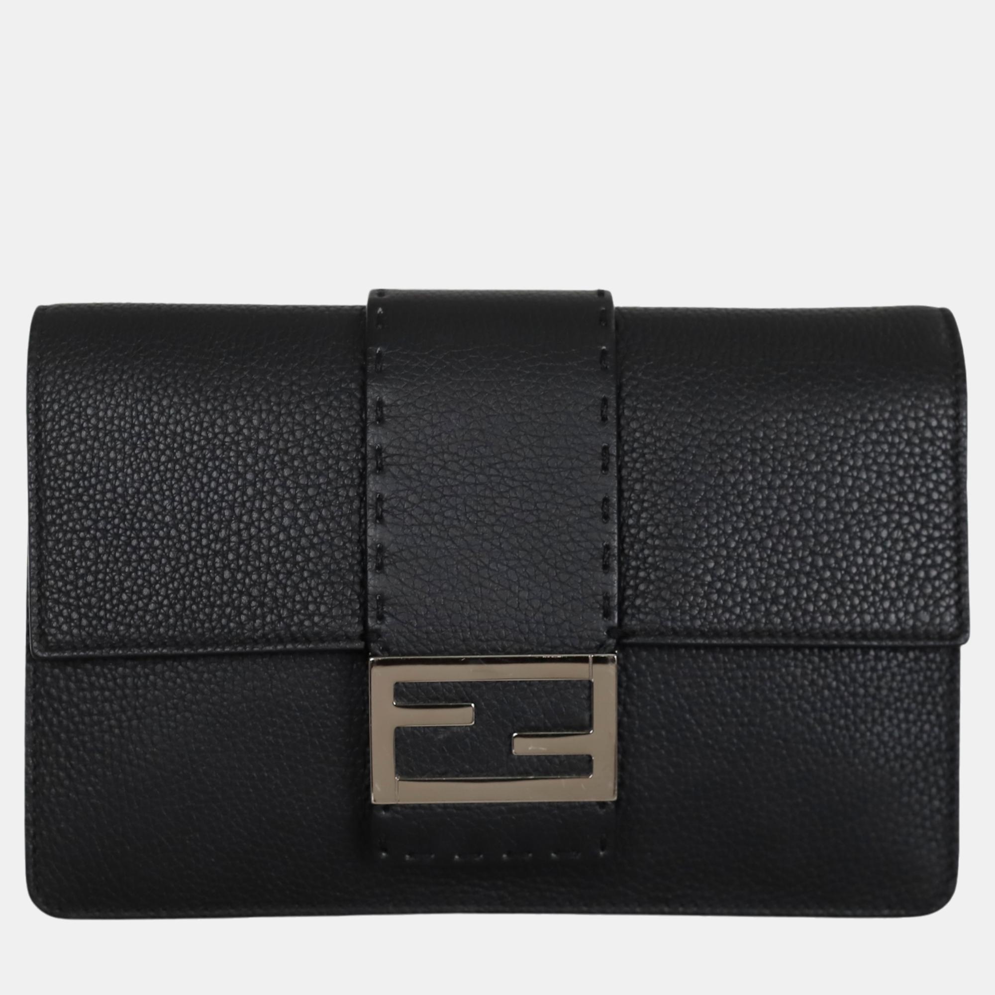 

Fendi Black Leather Selleria FF Baguette Clutch