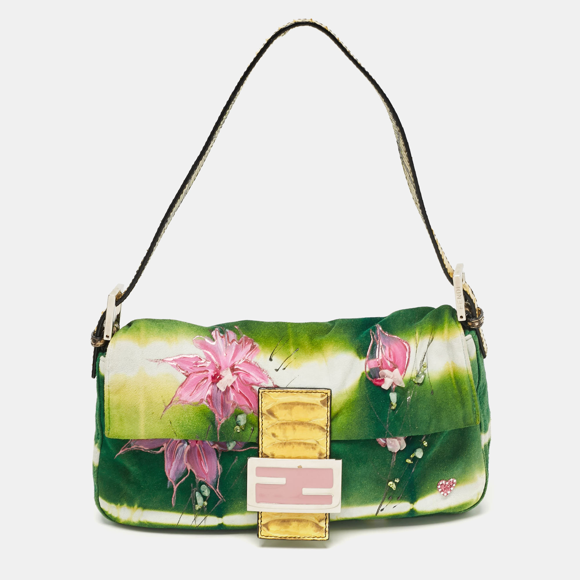 

Fendi Multicolor Suede and Python Floral Embellished Baguette Bag